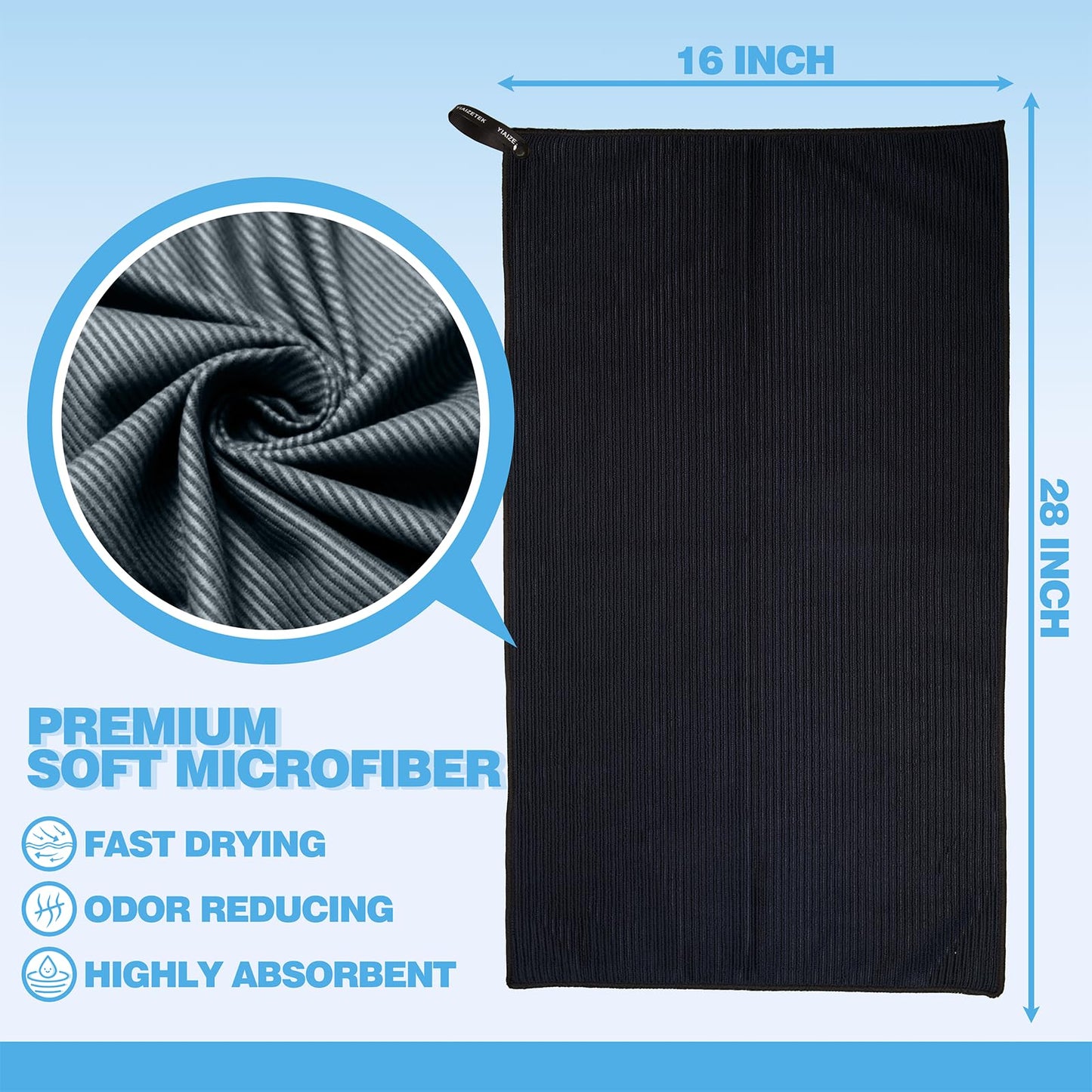 Microfiber Gym Towels with Snap Straps, Yoga Towel for Home and Gym, 16 Inch x 28 Inch, 6 Pack (Grey/Blue, 16" x 28")