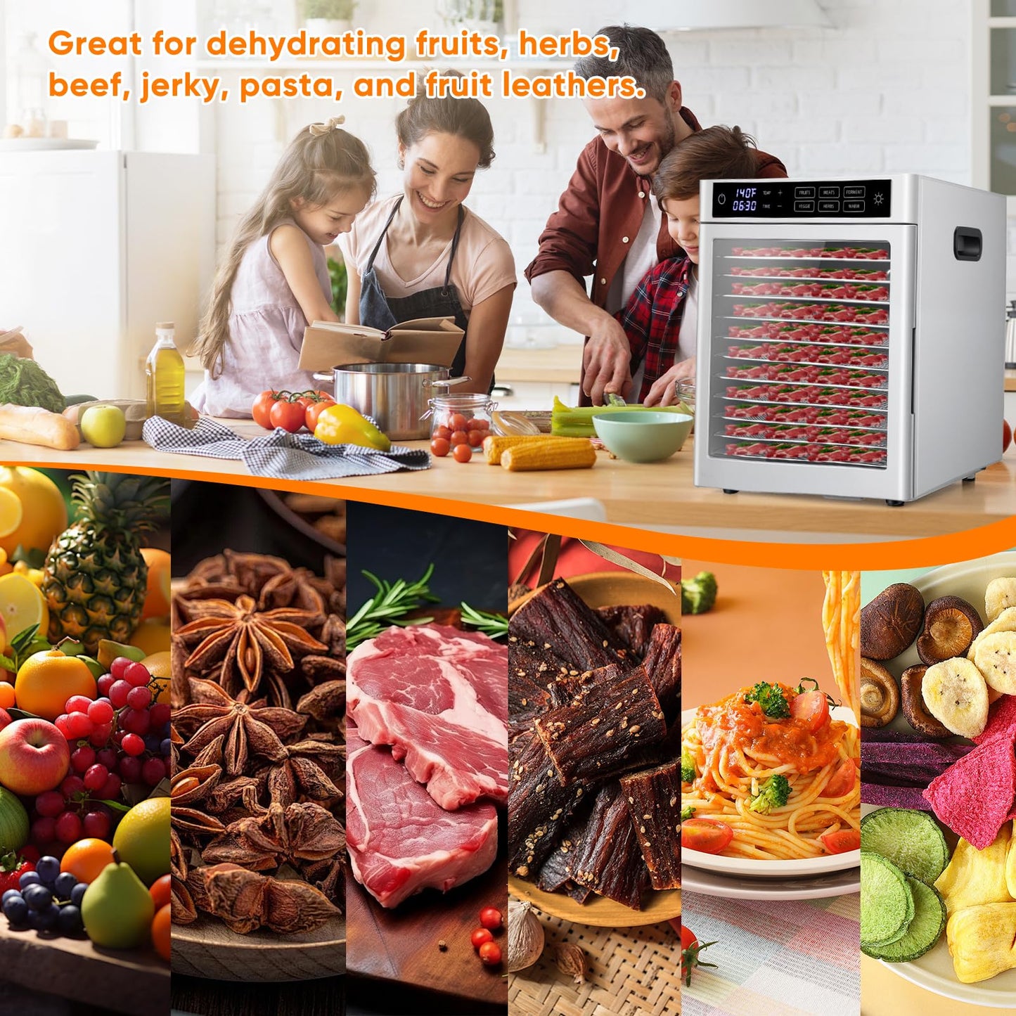 Commercial Food Dehydrator 12 Tray Stainless Steel with One-Touch Presets, 800W Professional Jerky Maker with Dual Fans, 360° Airflow, 86°F-185°F Digital Timer for Herbs, Fruits, Dog Treats