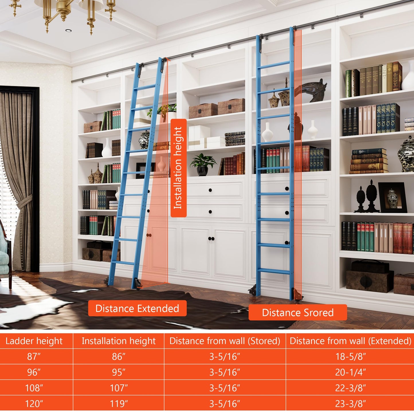 DIYHD 87" Sliding Library Ladder with 7 Steps, Telescopic Top Hook, Lightweight Rolling Ladder with Upright Space-Saving Storage, Kit with 4FT Sliding Rail, Bottom Rollers, 300lbs Capacity, Blue