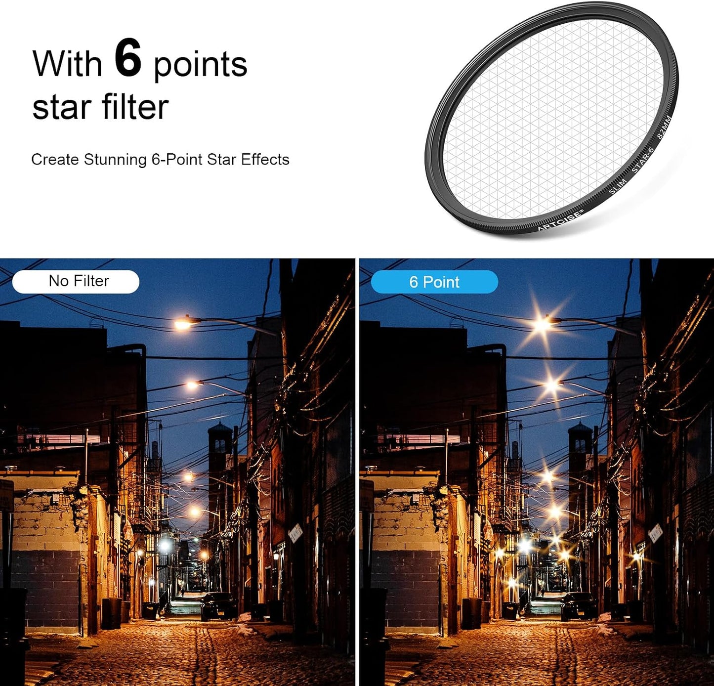 ARTCISE 77mm 6 (82mm) Star Filter Point Cross Screen Lens Filter for DSLR Camera, Starburst Effect Filter for Night