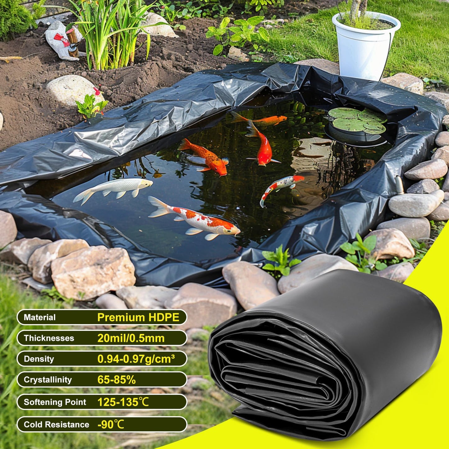 Froidesente 20 x 30 FT Pond Liner, 20 Mil Pond Liners for Outdoor Ponds, HDPE Pond Liner Easy Cutting Puncture Resistant, Pond Liners for Water Garden Fountain Waterfall, Koi Fish Aquaculture Pond