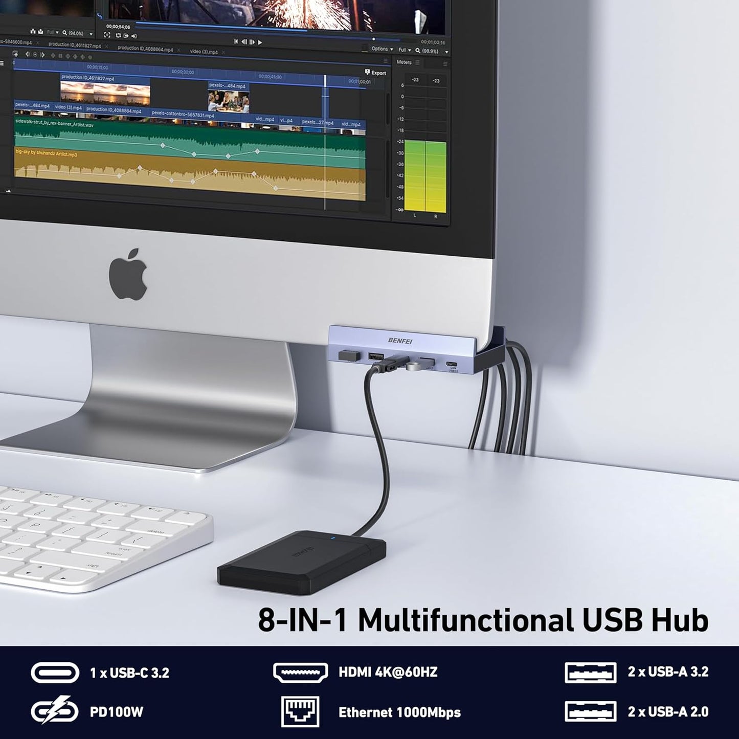 BENFEI 8-in-1 4K@60Hz 100W 10Gbps 1x 2 3.2, 2 2.0 S23, XPS17 USB C Hub with Secure Clamp Features HDMI, Gigabit