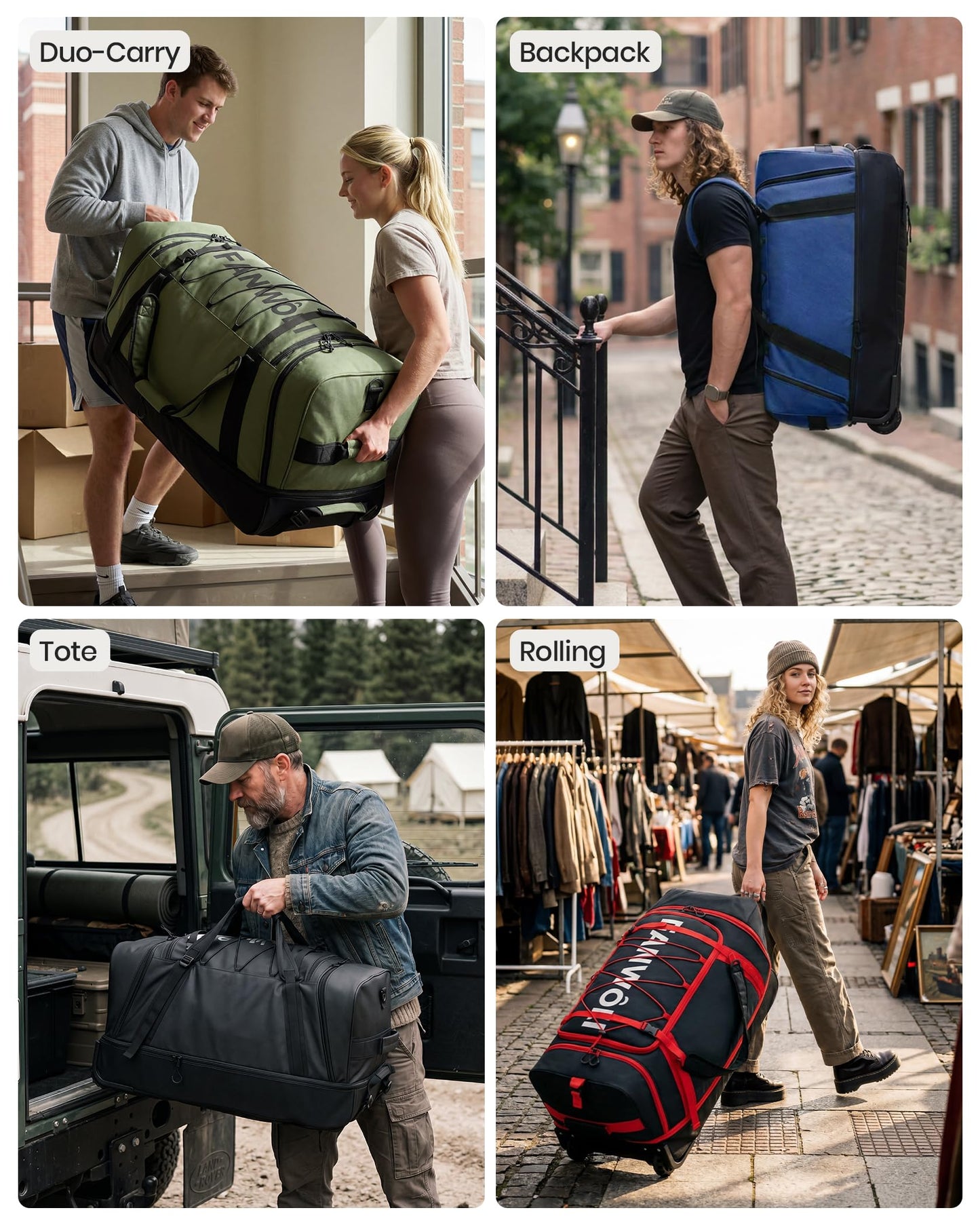 Fanwoli Extra Large 120L Expandable Rolling Duffle Bag with Wheels, 30" Foldable Heavy Duty Duffel Backpack, Durable Water Resistant Collapsible Bag for Moving, Camping, College Dorm