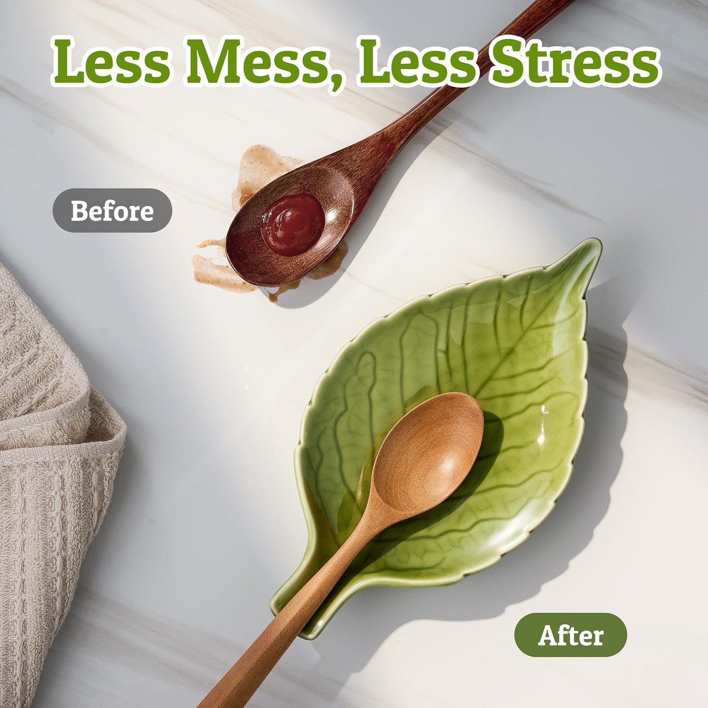 Ceramic Leaf Spoon Rest - Cute Green Cooking Spoon Holder for Stove Top & Kitchen Counter, Heat Resistant Spatula & Utensil Rest, Unique Kitchen Decor Gift, 1 Pack
