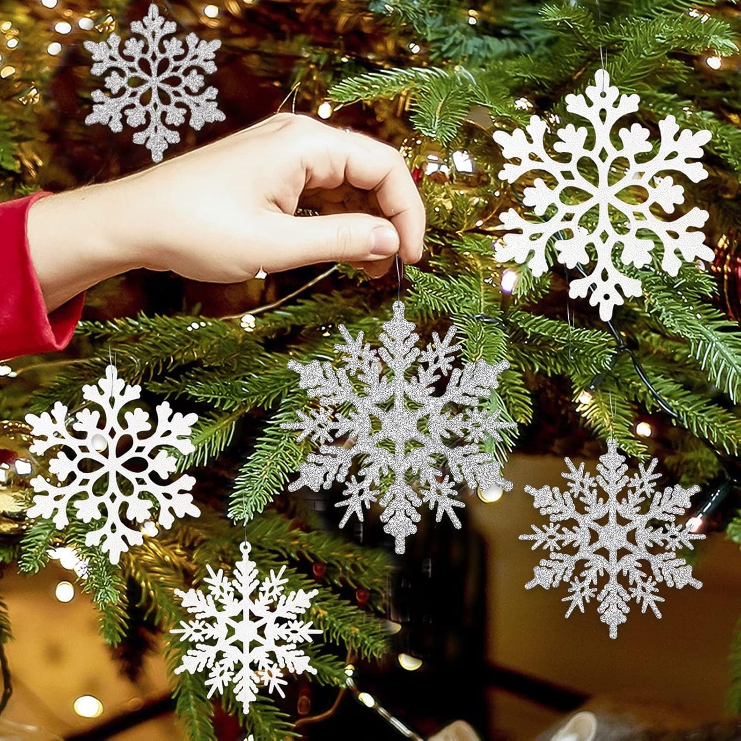 Skiennix Christmas Snowflake Ornaments - 36Pcs Glittering Plastic Hanging Decor for Winter Wonderland