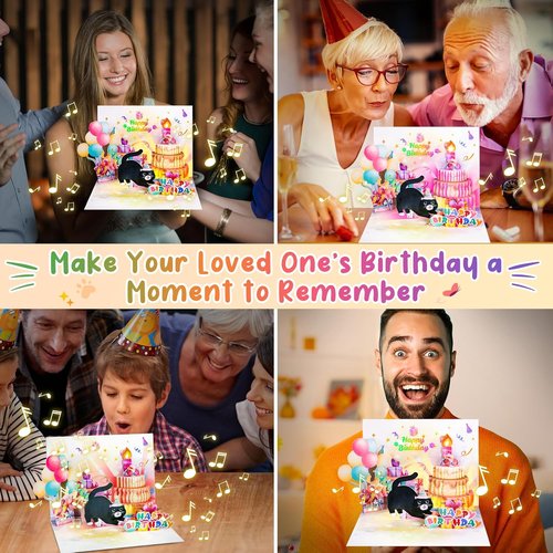 FITMITE Birthday Cards - Cute Cat Design with Music, Lights & Blowable Candle | Perfect Gift for Cat Lovers