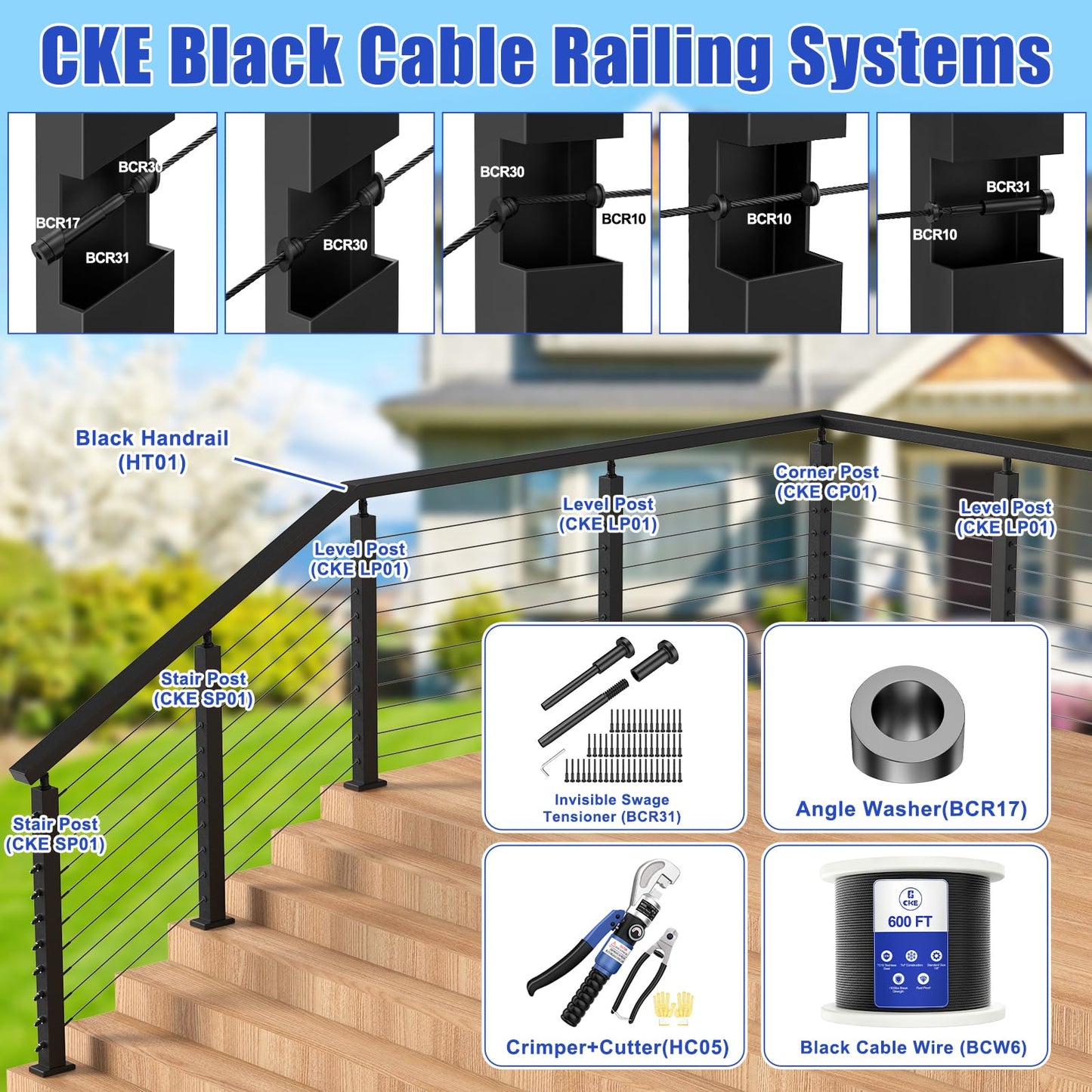 CKE 6'6" Stainless Steel Cable Railing Handrail for Indoor Outdoor Deck Stair Flat Top Rail Cable Railing System, Black Rectangular Handrail Cable Railing Kits with End Caps, HT01