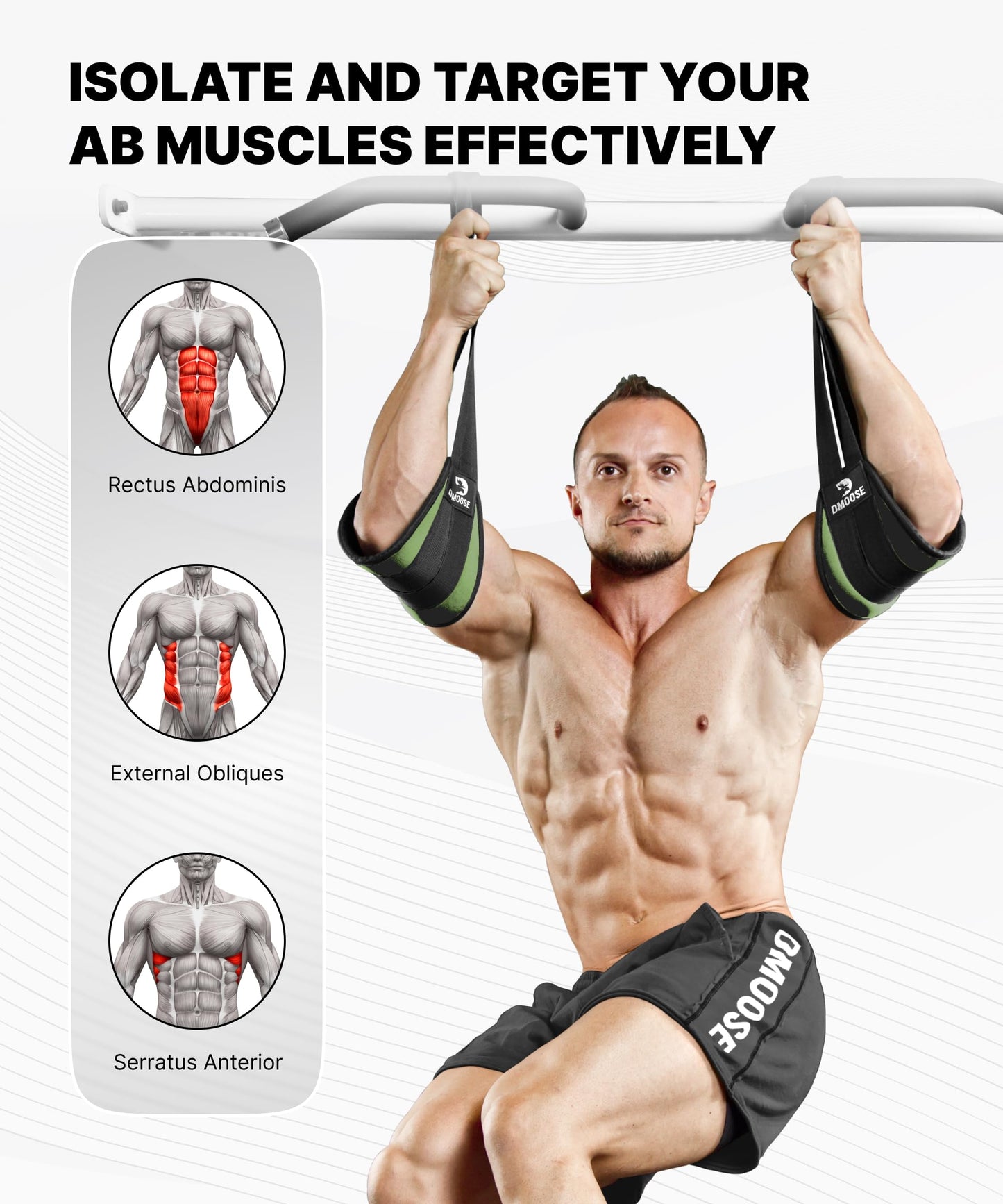 DMoose Fitness Hanging Ab Straps for Pull Up Bar & Core Strength Training - Exercise Straps for Ab Swing & Leg Raises, Hang Bar Strap with 2 Steel Carabiners - Abs Equipment for Home (Military Green)