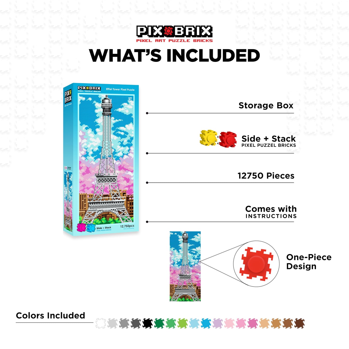 Pix Brix Pixel Art kit Puzzle Bricks - Eiffel Tower 12,750 Pieces - Patented Colorful Building Bricks, Create 2D and 3D Builds Without Water, Iron or Glue - Stem Toys for Adults and Kids