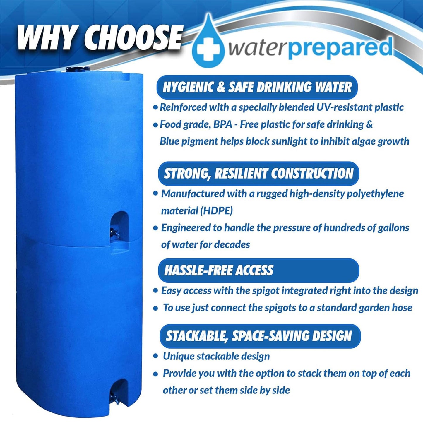 WaterPrepared 4 Pack Water Tank, Rain Barrel Storage, Stackable Drum, 55 Gallon