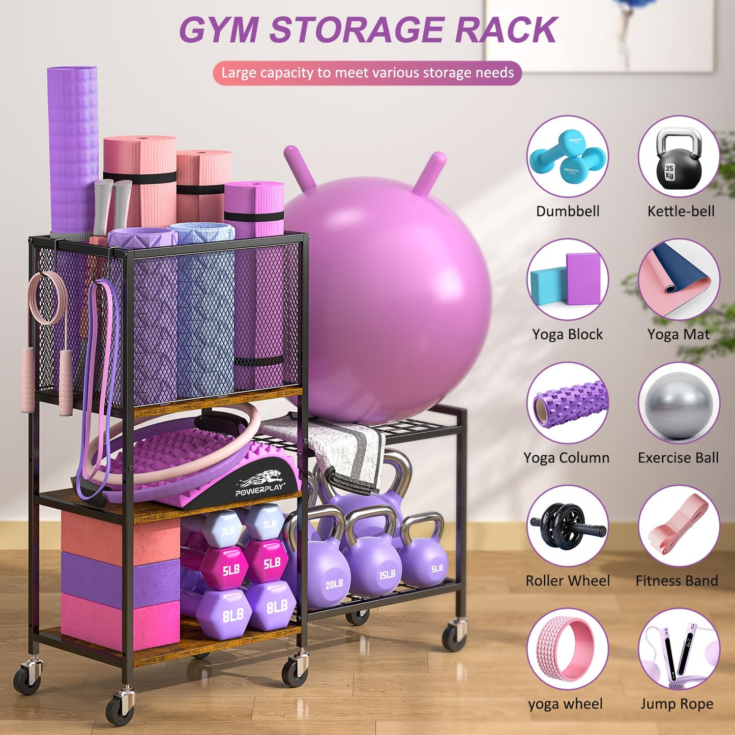 5 Tier Dumbbell Rack, Yoga Mat Storage Holder, Home Gym Storage Rack, Workout Equipment Storage Organizer, Weight Storage Holder Rack with Hooks and Wheels