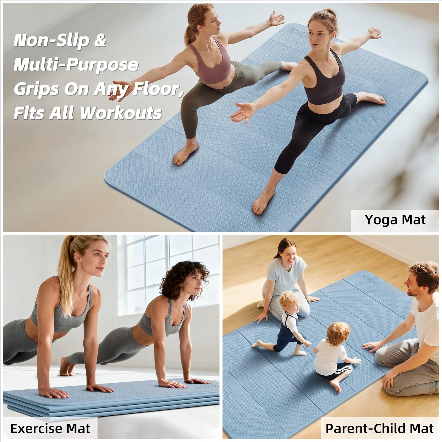Foldable Yoga Mat Extra Thick & Large (74.0" x 47.2" x 0.4"), Double-Sided Non-Slip Lightweight Fitness & Pilates Mat, 10mm Thick Wide Exercise Mat for Men Women Kids, Portable Workout Mat for Gym, Studio, Travel, Home & Parent-Child Use (Blue Gray)
