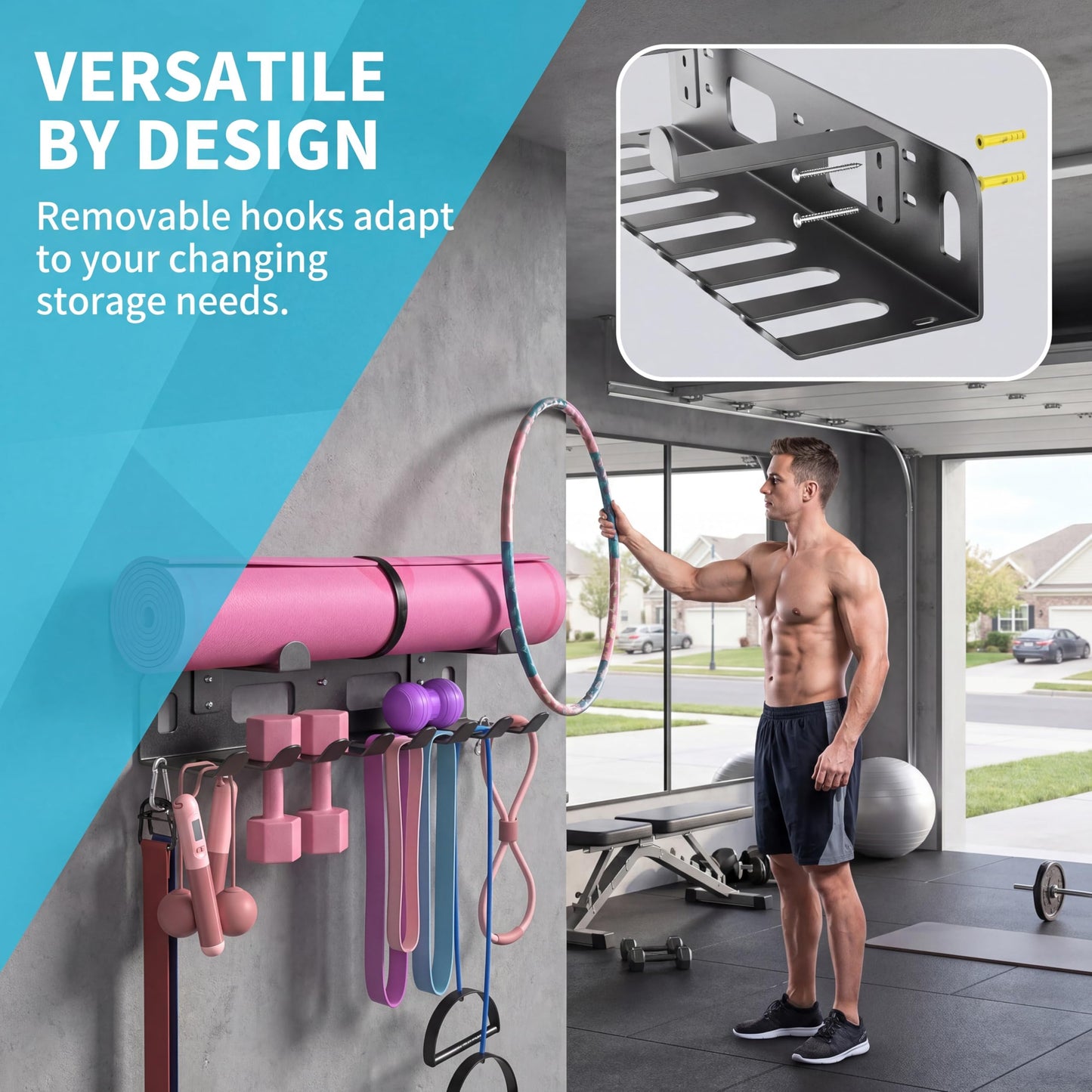 Heavy-Duty Metal Gym Storage Rack, Wall-Mounted Multi-Purpose Home Gym Organizer for Yoga Mat, Resistance Bands, Jump Ropes, Weight Belts - Space-Saving Garage Gym Storage with Removable Hooks