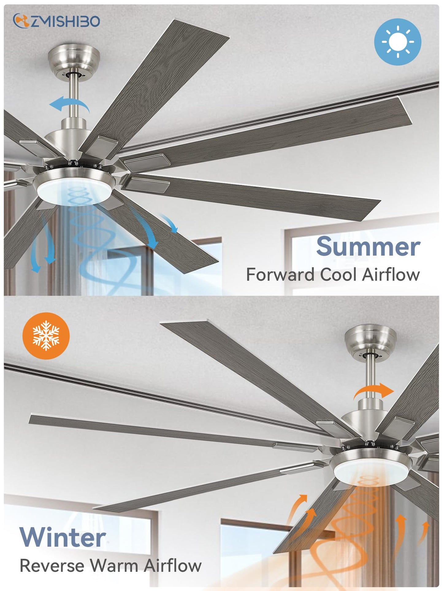 ZMISHIBO 72 inch Brushed Nickel Modern Ceiling Fans with Lights and Remote, Indoor/Outdoor Ceiling Fan for Living Room Patio, 6 Speed Reversible Quiet DC Motor, 3 CCT, Dual Finish Blades