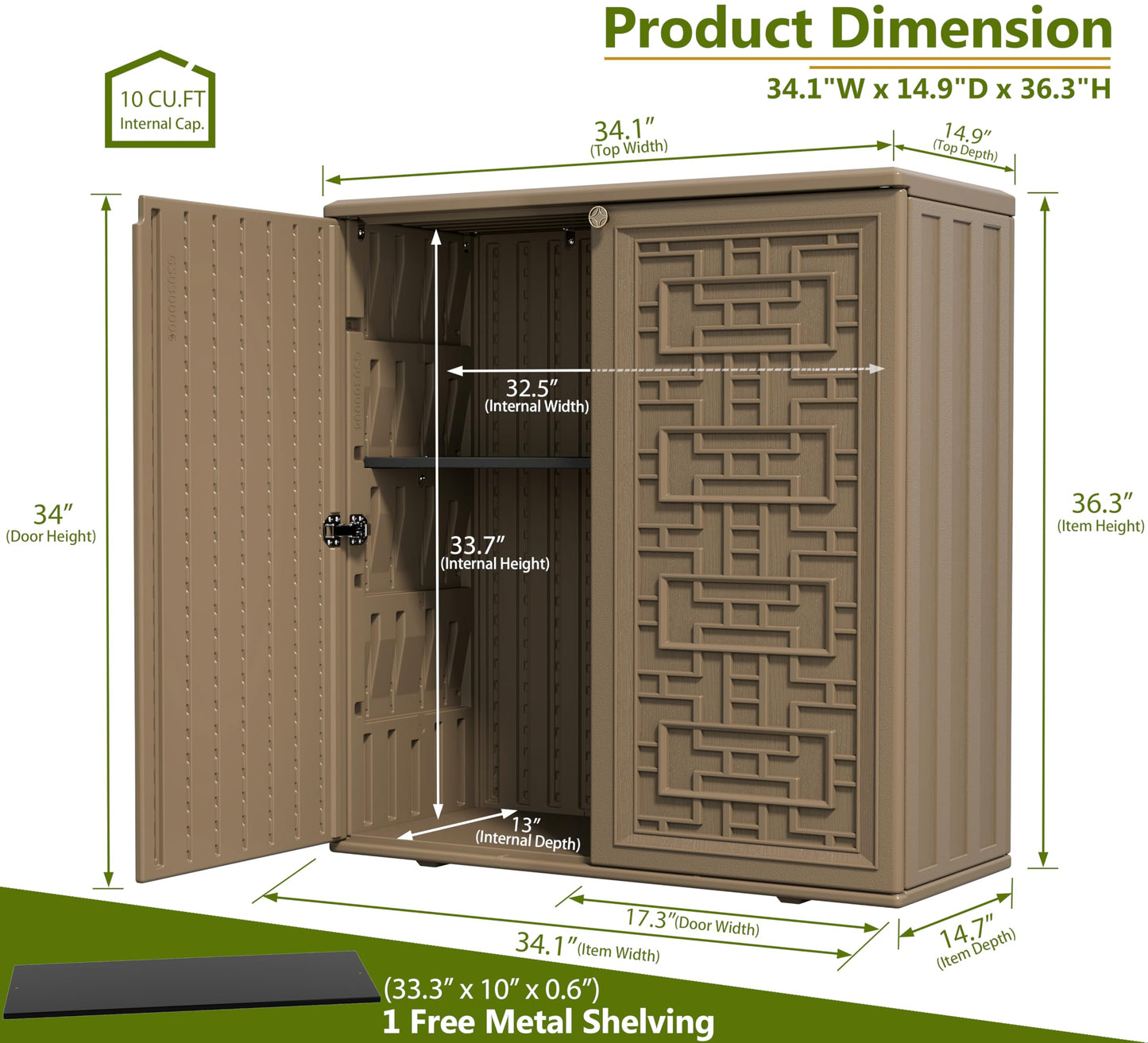 ZZM HDPE Outdoor Storage Shed, Outdoor Plastic Storage Cabinet, Horizontal Resin Tool Shed for Garden, All Weather Outdoor Storage Clearance, DIY Usage, with one Shelf (Coffee)