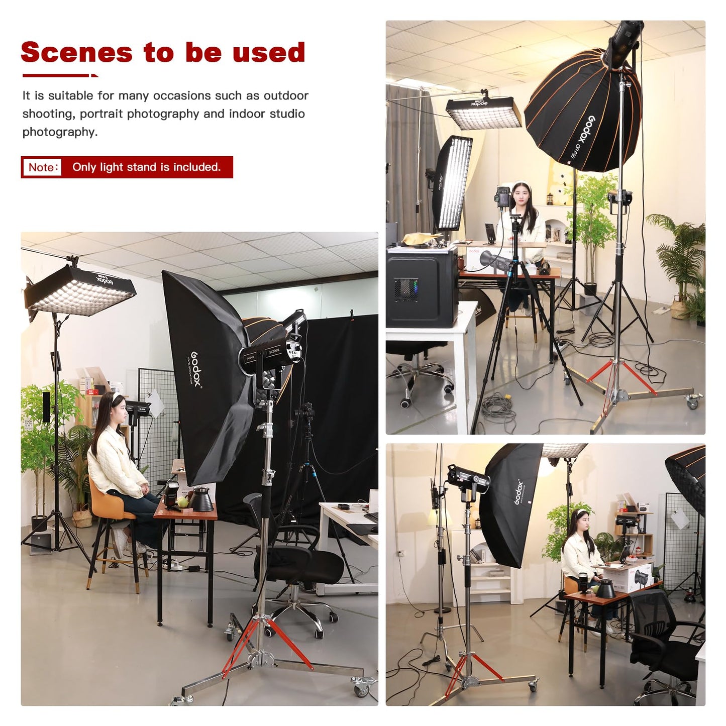 Heavy Duty Light Stand with Casters, 10ft/305CM 100% Stainless Steel 30kg/66lb Load Bearing Adjustable Photography Light Stand with Wheels for Photography Studio Softbox, Monolight
