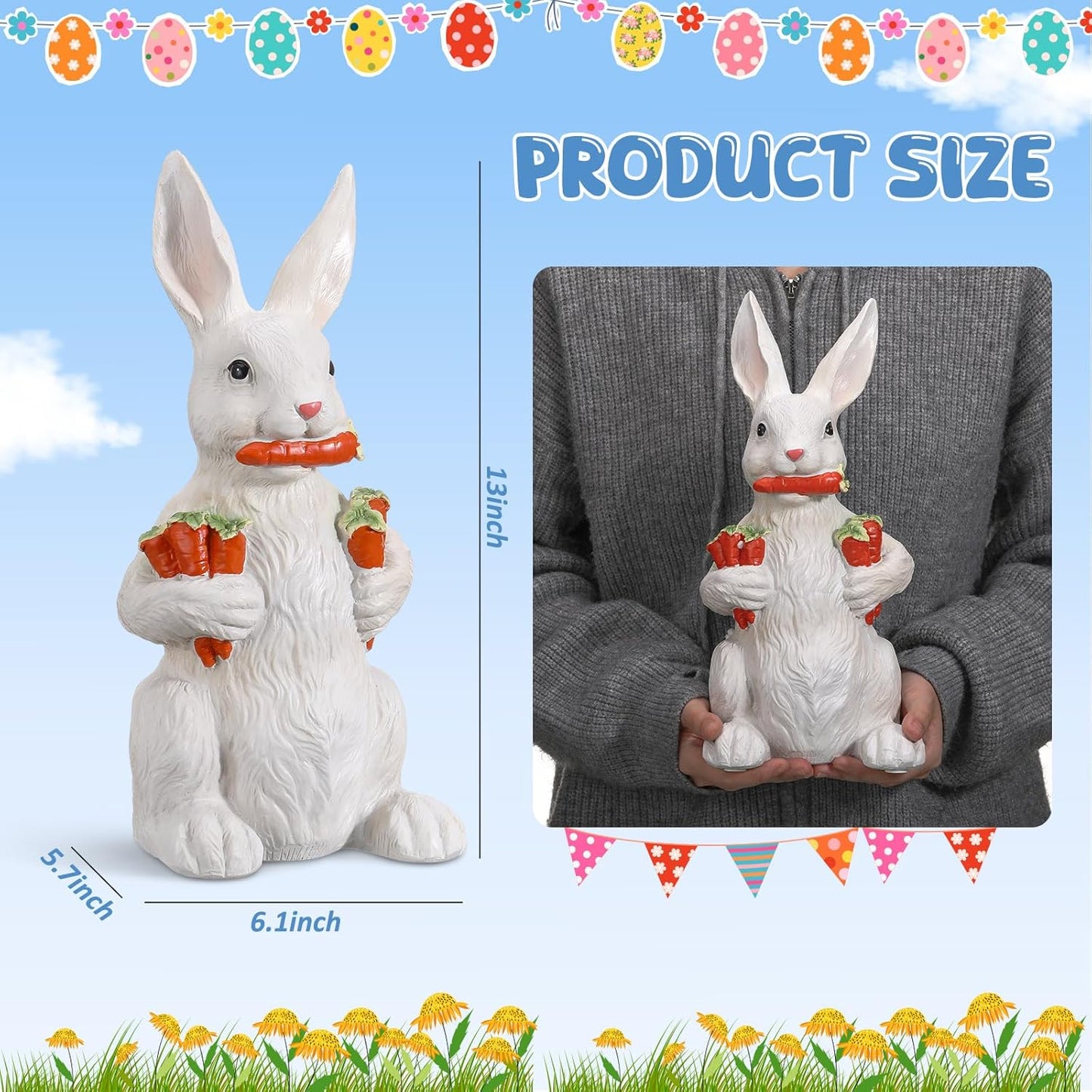 Yookeer Bunny Sculpture - 13 Inch Spring Resin Rabbit Figurine with Carrot | Easter Home Decor