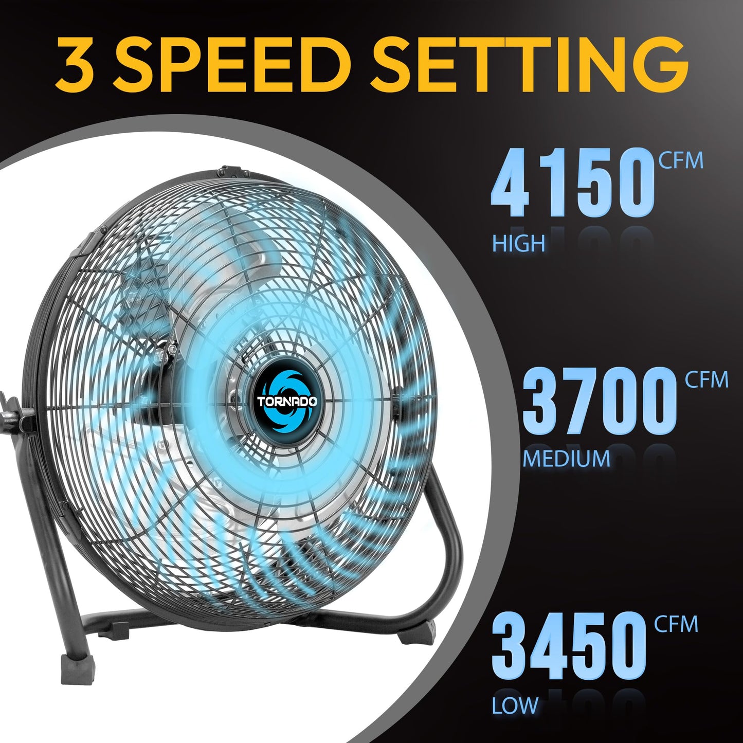 Tornado 18 Inch Powerful Industrial Floor Fan, 3-Speed High Velocity Metal Fan, 120° Adjustable Tilt, 6.0 FT Cord for Commercial and Home Use, Black