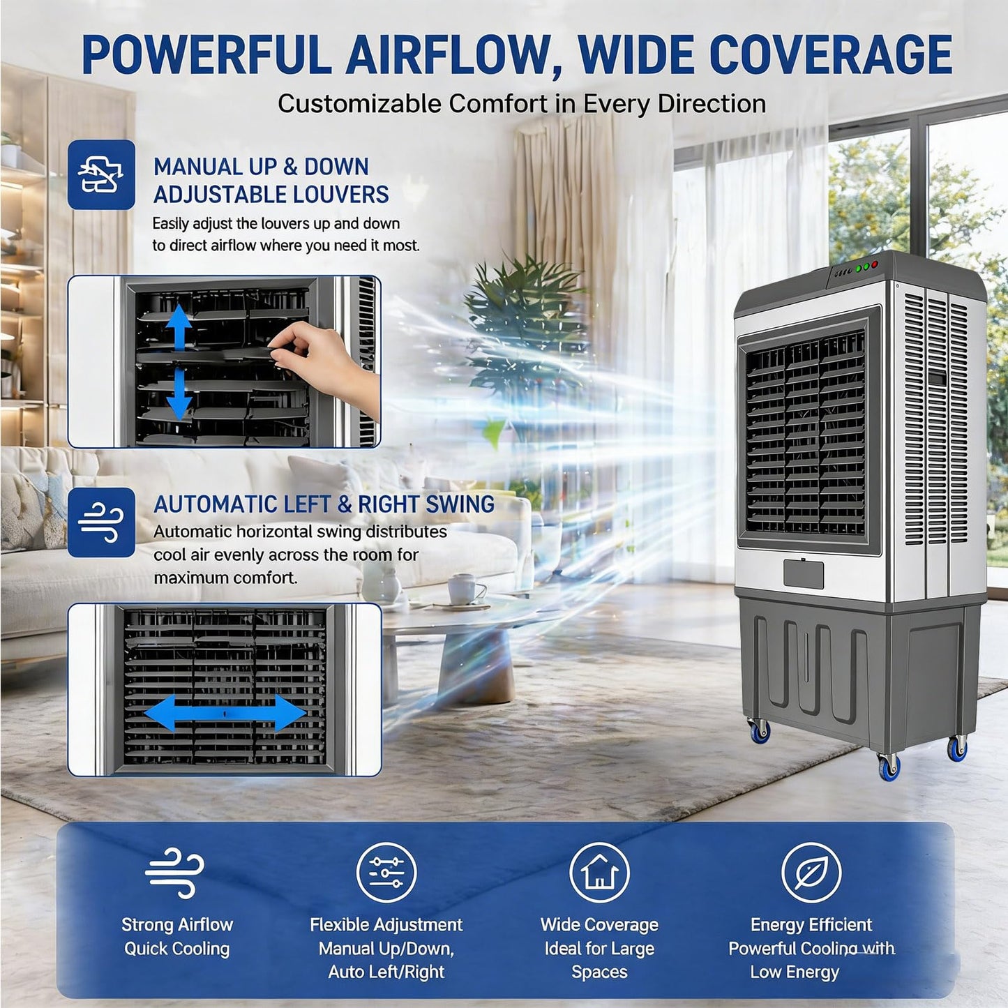 Portable Evaporative Air Cooler with 100L Auto Fill Water Tank, 3-Speed Fan, Oscillation, Manual Louvers, Ice Boxes, Lockable Wheels, for Large Rooms, Workshops, Garages, Patios.