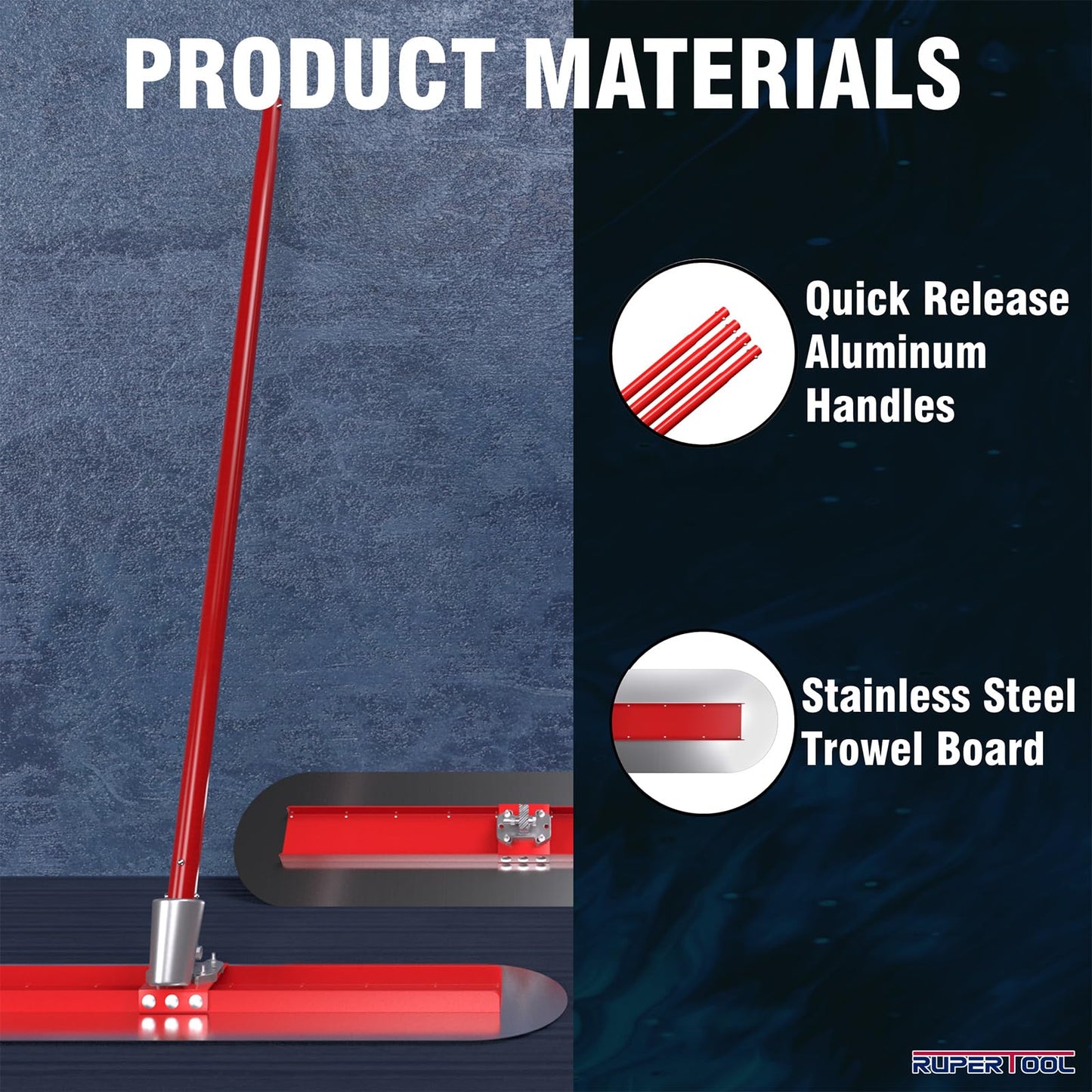 RUPERTOOL Concrete Bull Float Tool Kit with 48x12 inch Round End Fresno Trowel, Stainless Steel Board, 4 Extendable Aluminum Alloy Poles and Tilt Bracket