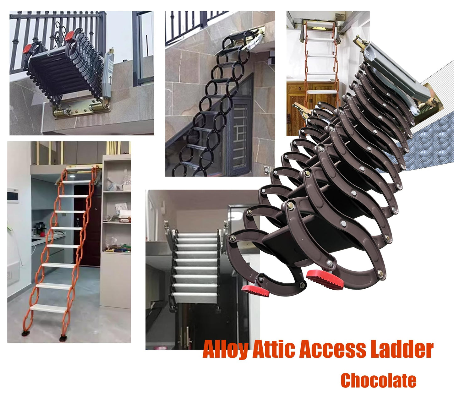 IntXanth Attic Loft Ladder-Foldable Attic Stairs Wall Mounted, 10+2 Steps, Pull Down Ladders 8.2-9.8 FT, Aluminum Attic Ladder with Armrests, Wall Telescopic Scissor Ladders Chocolate