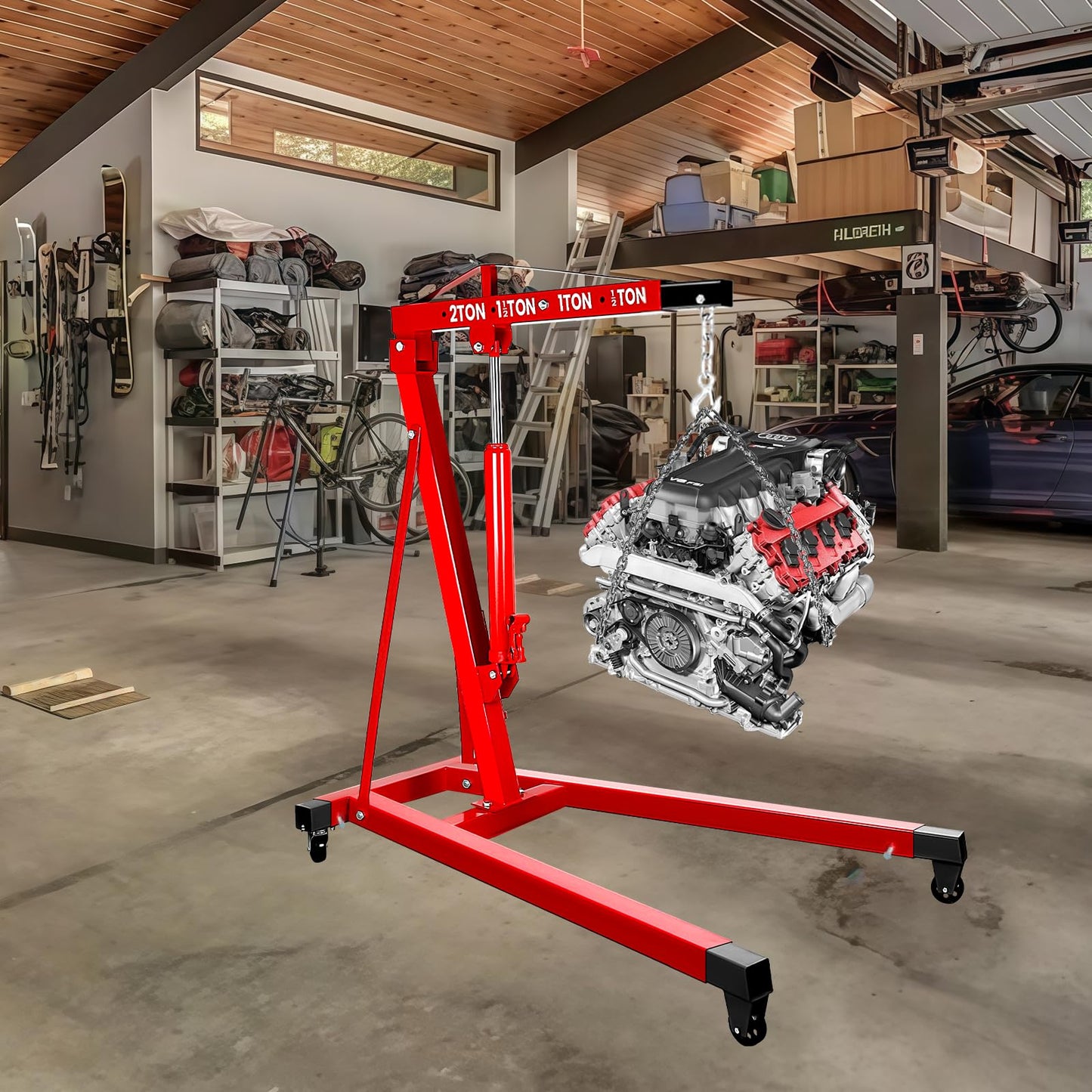 BLUEIAN 5000 LBS Engine Hoist, Heavy Duty Alloy Steel Hydraulic Cherry Picker Engine Hoist with 8 Ton Hydraulic Ram Jack 4 Steel Casters, Ease of Assembly Engine Lift for Workshop Warehouse Garage