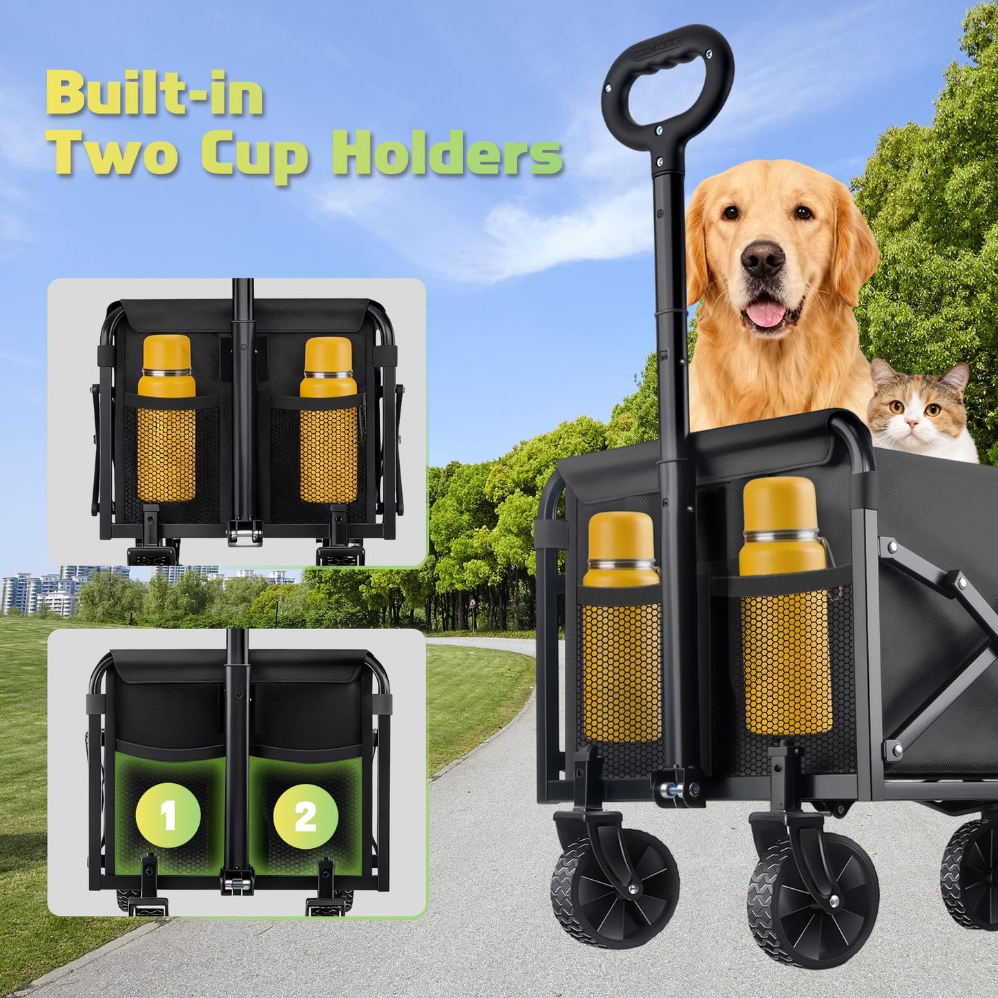 100KG Collapsible Foldable Wagon Carts - Heavy Duty Portable Folding Utility Wagons with All-Terrain Wheels for Grocery Sports Shopping Camping Garden Beach, 2 Drink Holders/Lightweight/Black