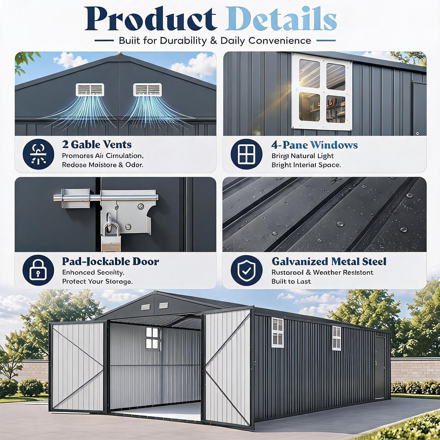 12x25 FT Metal Garage Shed, Outdoor Extra Large Storage Shed with Double Hinged Doors, 4 Windows, Heavy Duty Carport for Cars, Boats, Trucks and Equipment Storage, Gray