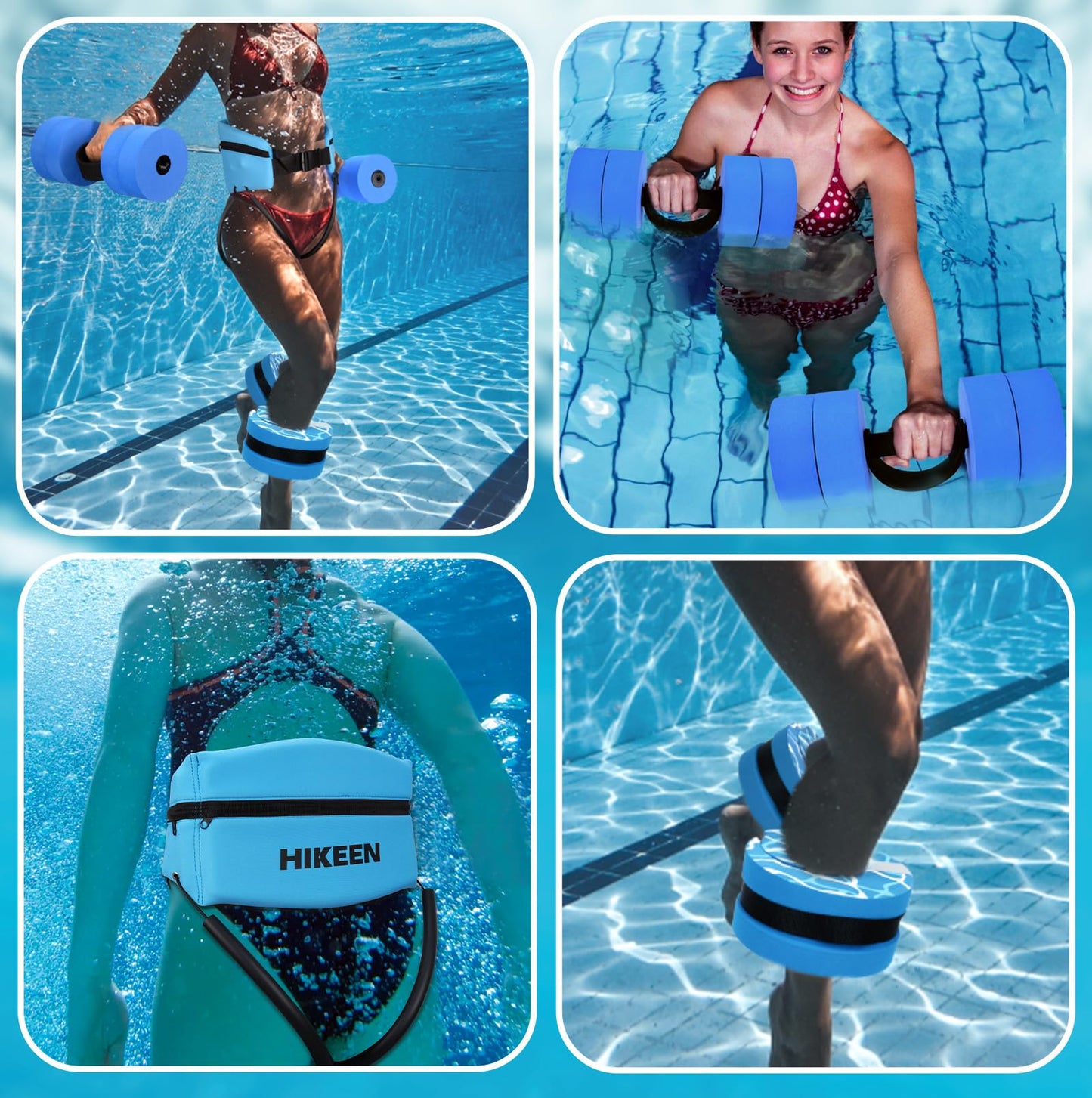 Hikeen 6-Piece Water Aerobics Pool Exercise Equipment, Aqua Aerobics Equipment Set,Includes High Density Water Dumbbell Aqua Belt and Ankle Weights for Aquatic Therapy,Pool Fitness