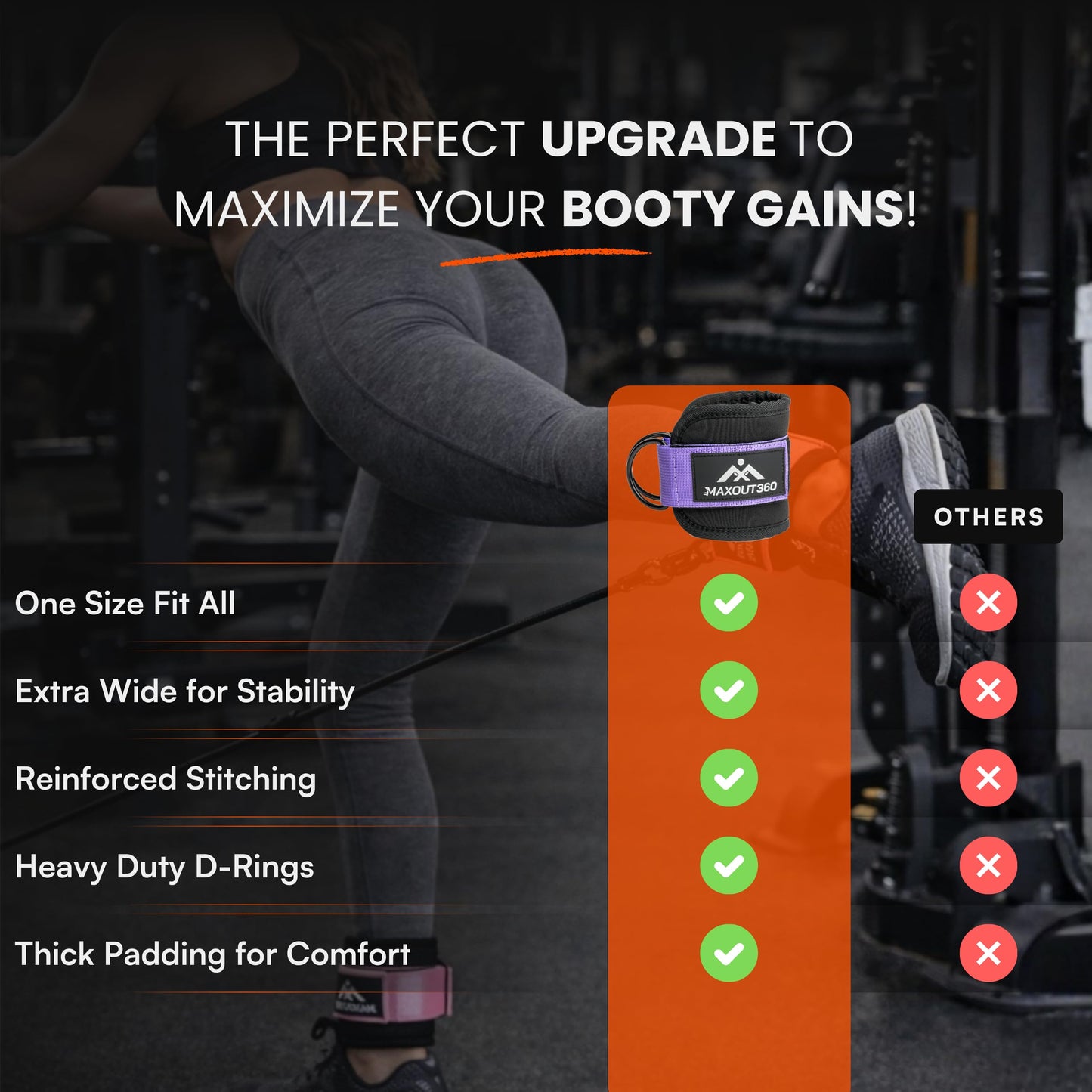 MaxOut360 Gym Ankle Straps for Cable Machines, Thick Padded Ankle Cuff Cable Attachment for Booty Workouts, Kickbacks, Hip Abductors, Lower Body Exercises, Purple Pair