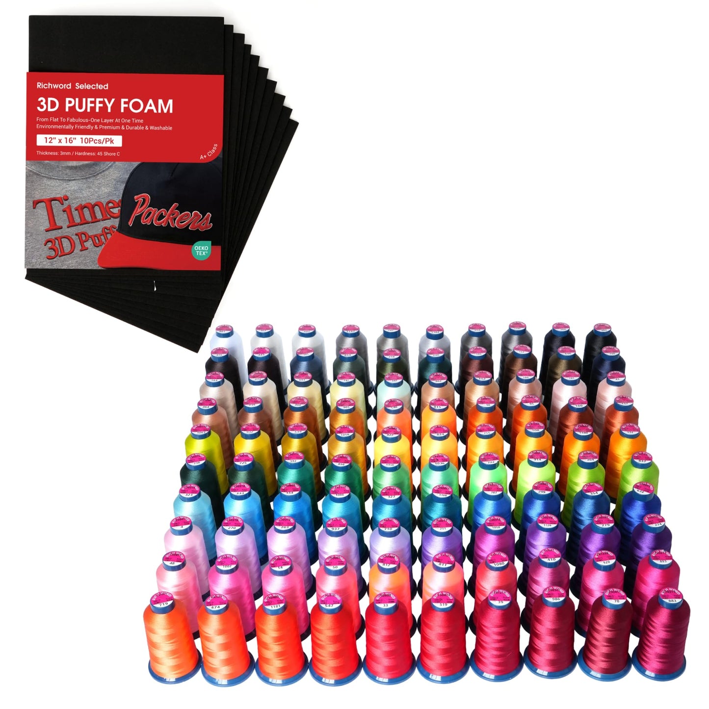 BAi Embroidery Bundle – 100 Color 40WT Thread Set (4000M) + 3D Puffy Foam 12"x16" 3MM 10PCS for Machine Embroidery