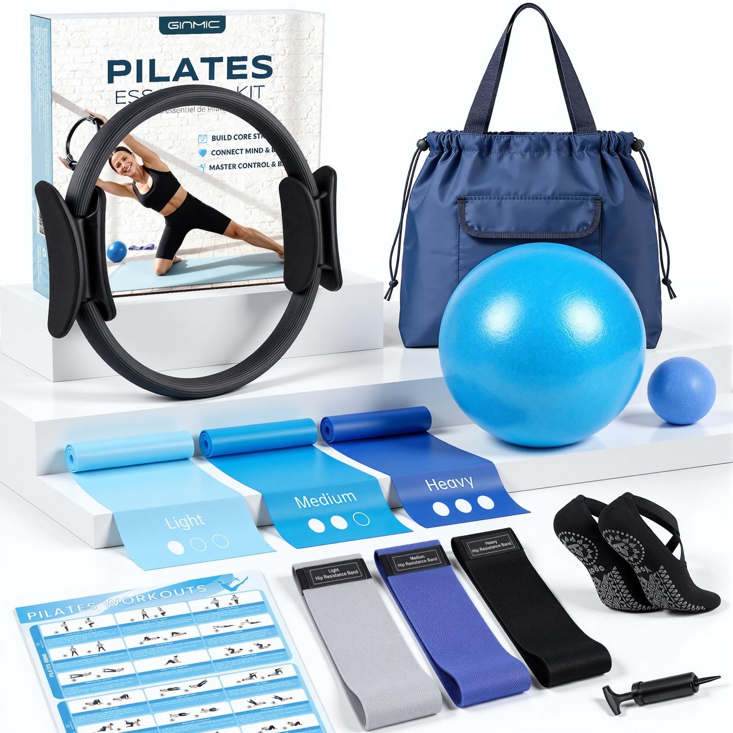 GINMIC Pilates Equipment, Pilates Kit for Women Home Workouts, at Home Pilates Set with Pilates Ring, Pilates Ball, Long and Loop Resistance Bands, Pilates Socks, Massage Ball, Guide & Bag