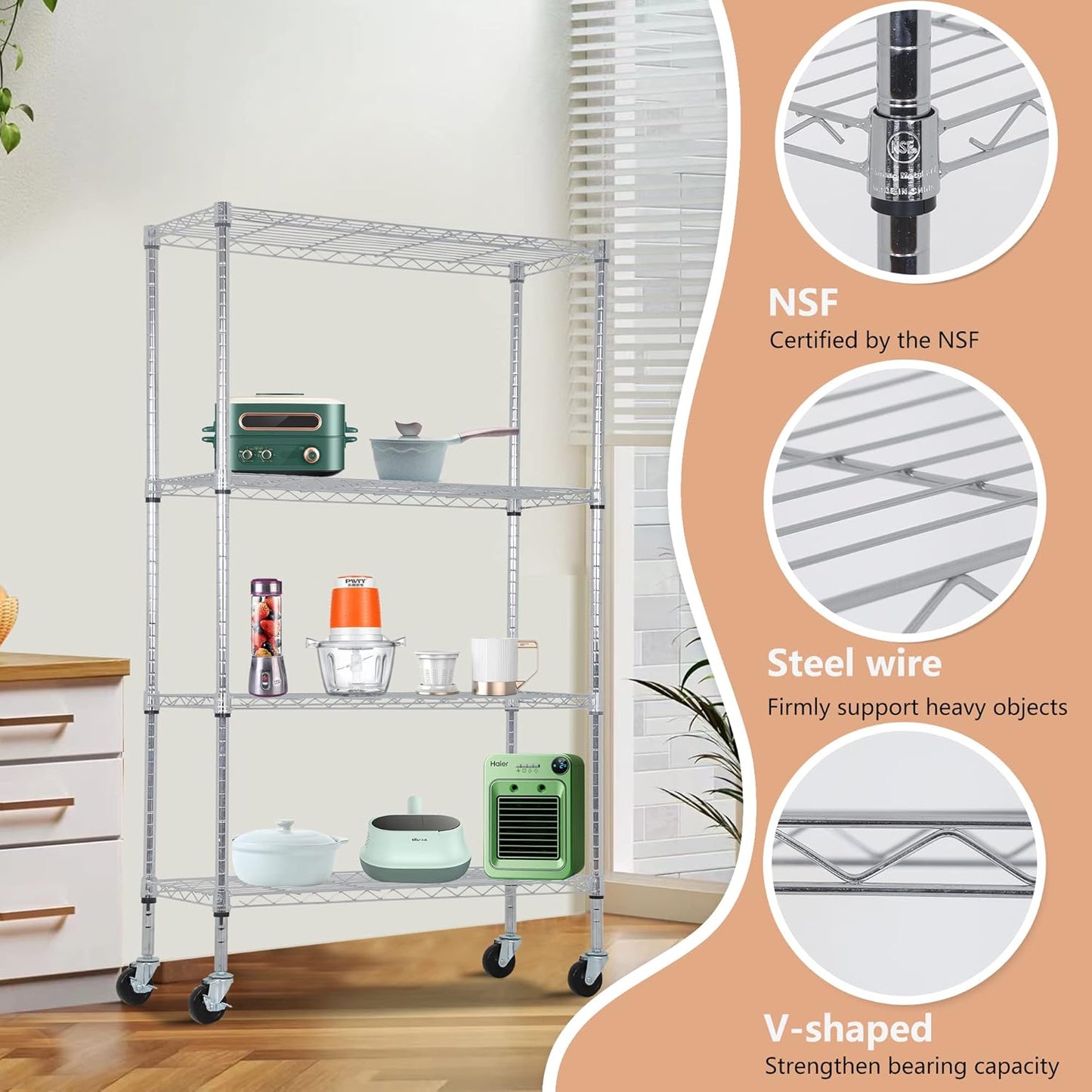 BestOffice 4-Tier Wire Storage Shelves - Heavy-Duty Metal Racks with Wheels | 36x14x62 | Chrome Finish | No-Tool Assembly for Home & Garage