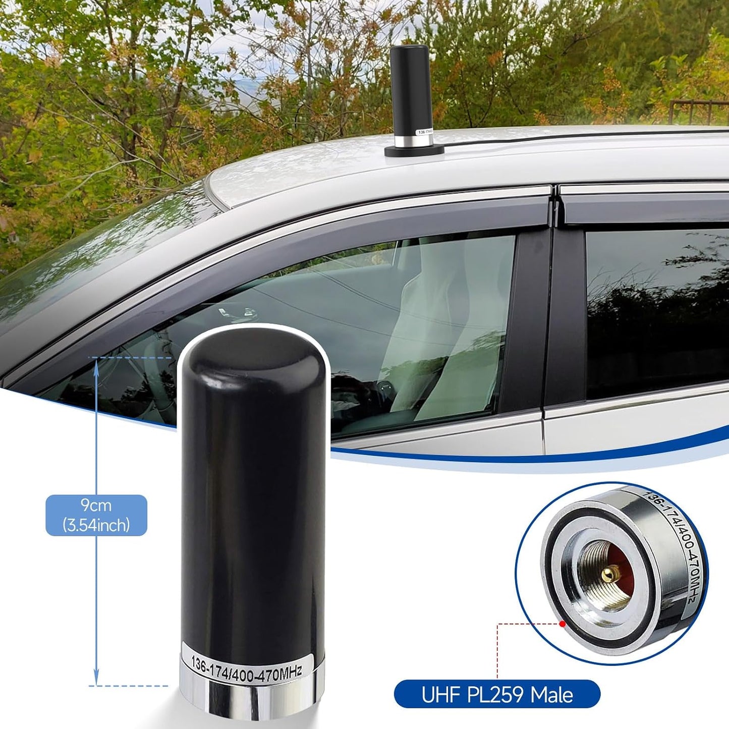 BINGFU 136-174MHz 400-470MHz PL259 Vehicle Ham Radio Antenna Dual Band VHF UHF Low Profile Male Connector Antenna