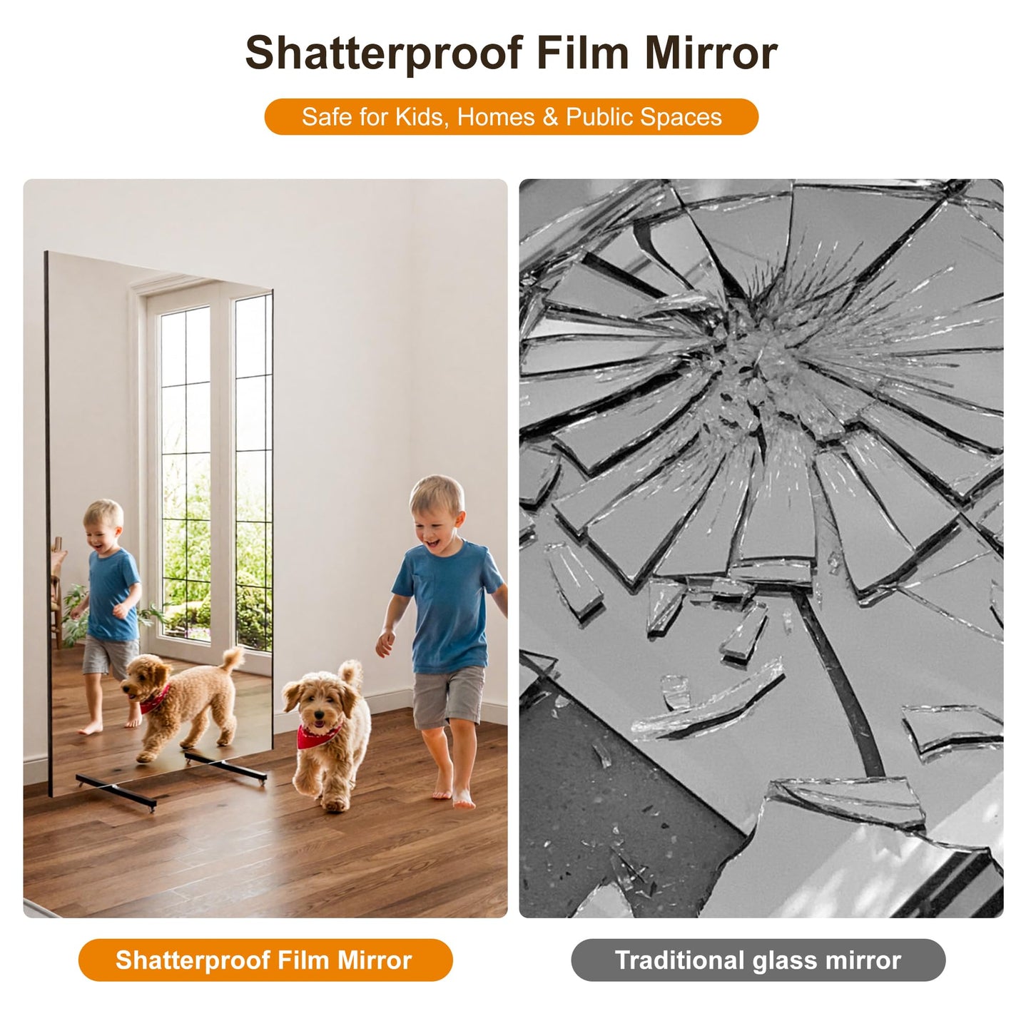 brisafe NanoMirror Non-Glass 118" x 71" Extra Large Mobile Dance Mirror with Wheels, Shatterproof Nano Film Rolling Gym Mirror for Studio, Yoga, Pilates, School & Home Gym, Black