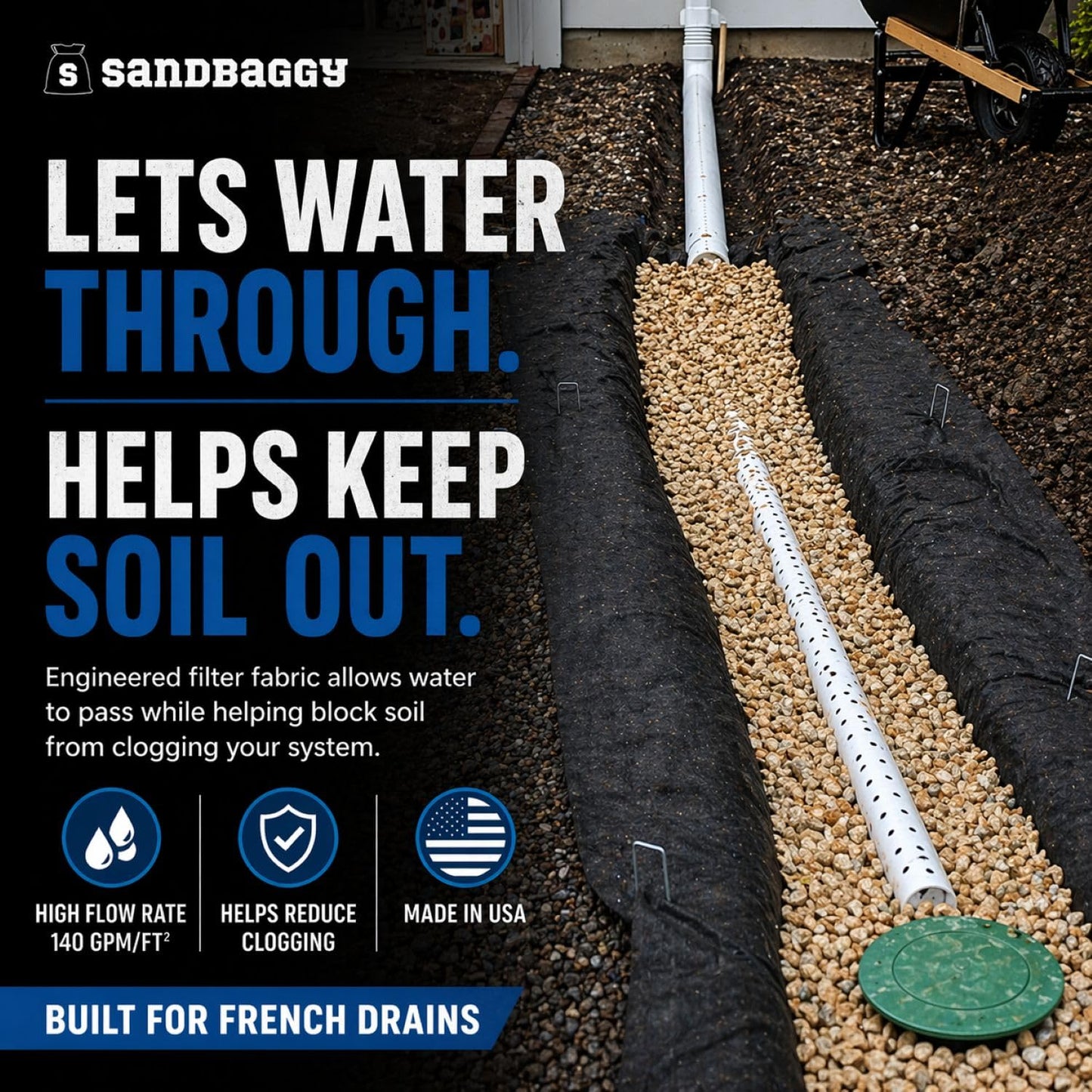 Sandbaggy French Drain Filter Fabric | Non-Woven Geotextile Landscape Fabric (4 oz) – Water Permeable, Porous Drainage Geo Fabric for Clay Soil & Landscaping – USA Made (6 ft x 50 ft Roll)