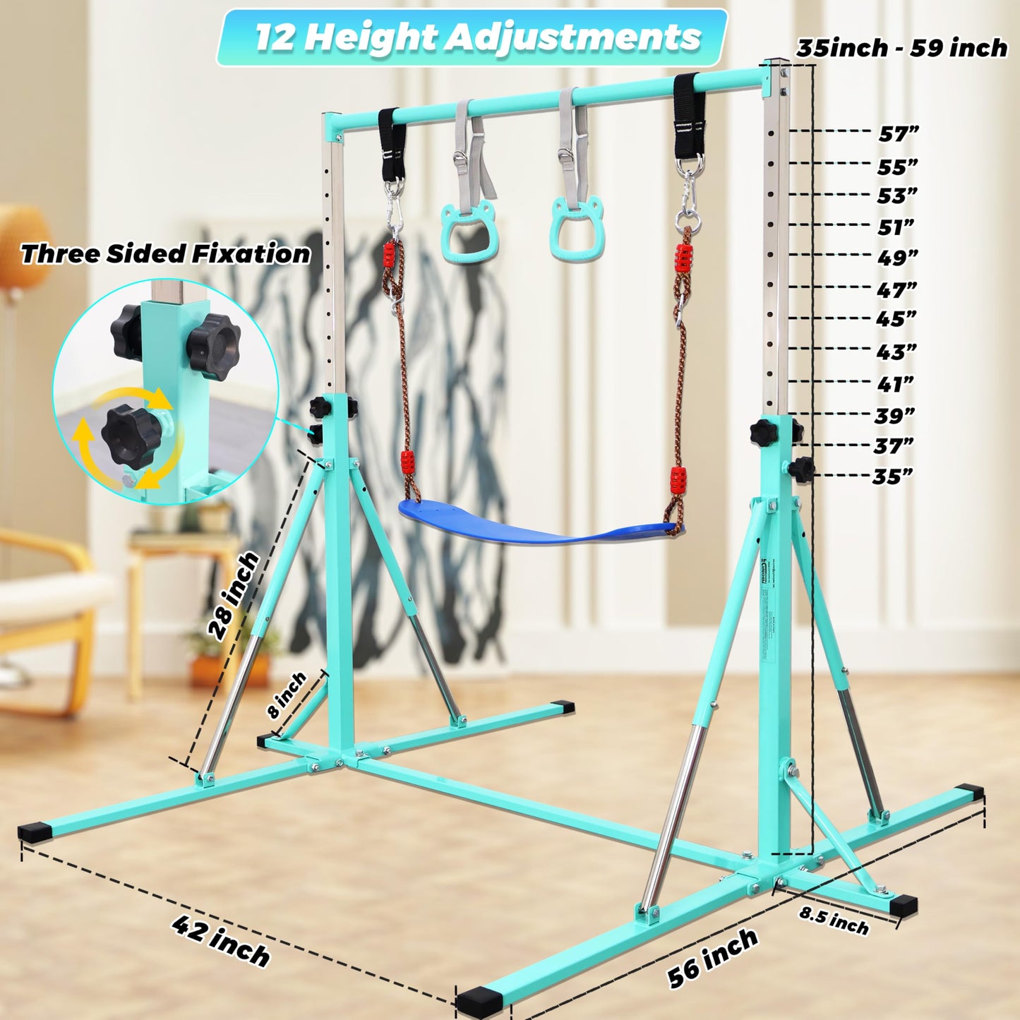 FC FUNCHEER Foldable Gymnastics Bar,5FT Horizontal bar,Adjustable Kids Training bar for Kids Ages 3-15,Kids Gymnastics bar,Triangle Stable Structure-Gym Equipment for Home