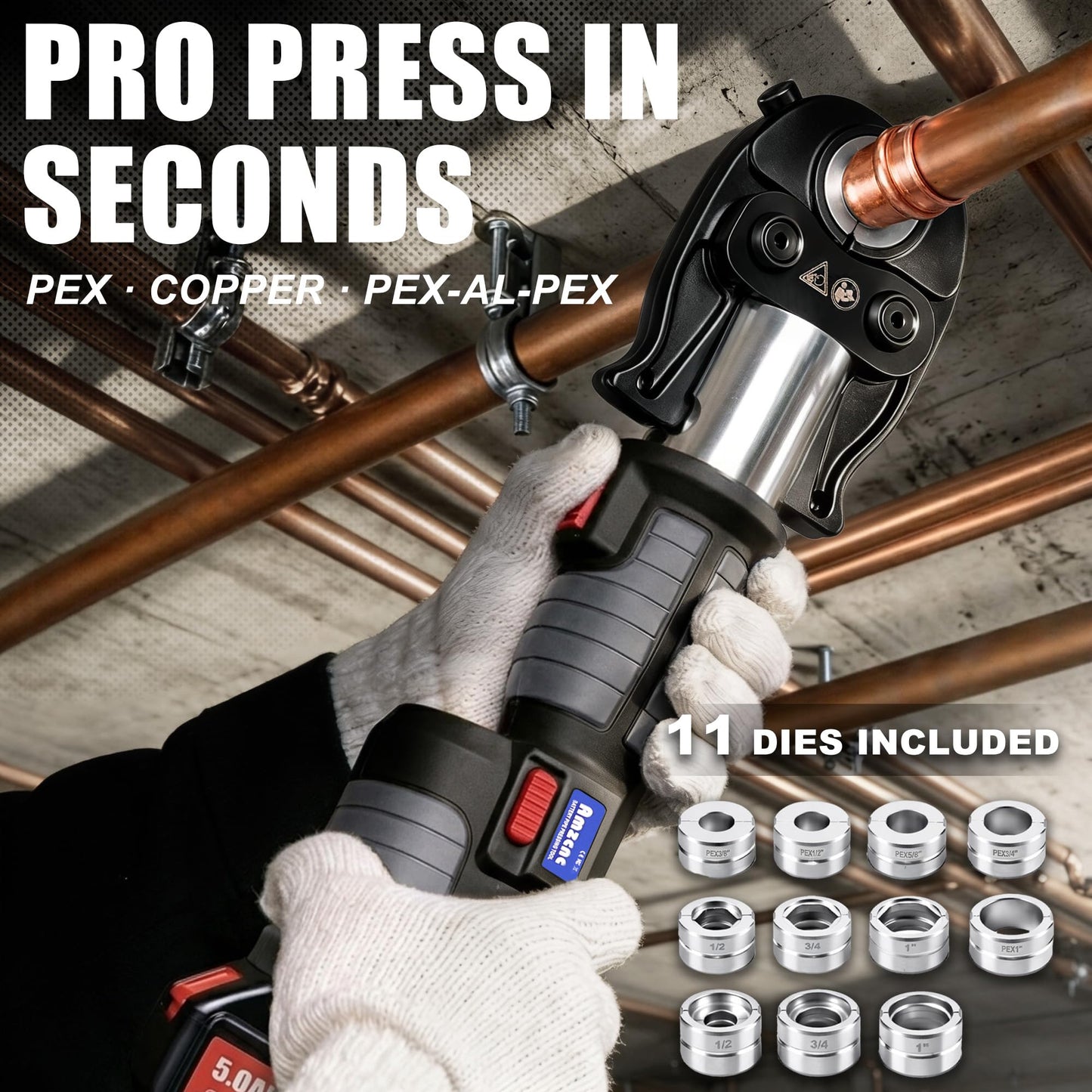 AMZCNC 18V Pro Press Tool for Copper & PEX Pipes Cordless Plumbing Press Tool Kit w/ 1/2”, 3/4”, 1” Copper & 3/8”–1” ASTM F1807 PEX Dies | F877 Stainless Sleeves | For Professional Plumbers