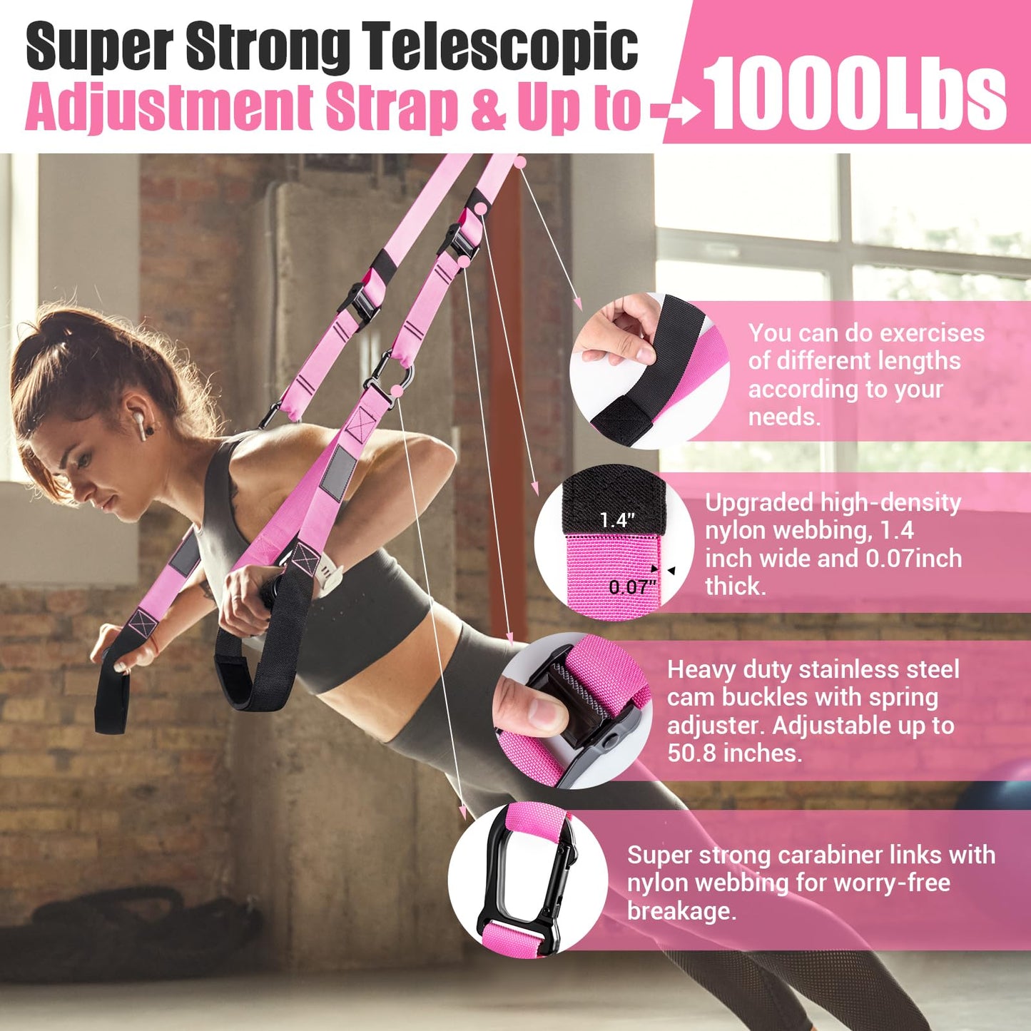Home Resistance Training Kit, Resistance Trainer Exercise Straps with Handles, Door Anchor and Carrying Bag for Home Gym, Bodyweight Resistance Workout Straps for Indoor & Outdoor (Pink)