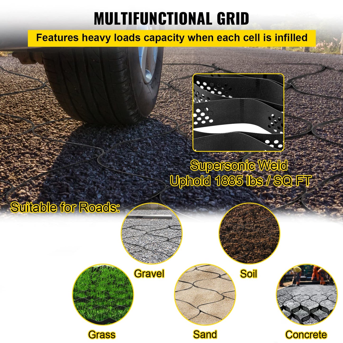 VEVOR Ground Grid 25 ft x 9.5 ft, 1885 lbs per Sq Ft Load Geo Grid, 3" Depth Permeable Stabilization System for DIY Patio, Walkway, Shed Base, Light Vehicle Driveway, Parking Lot, Grass, and Gravel