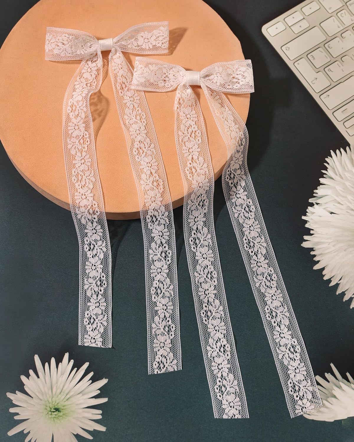 Skiennix White Lace Tulle Hair Bows - Long Tail Ribbons & Tassel Barrettes for Women