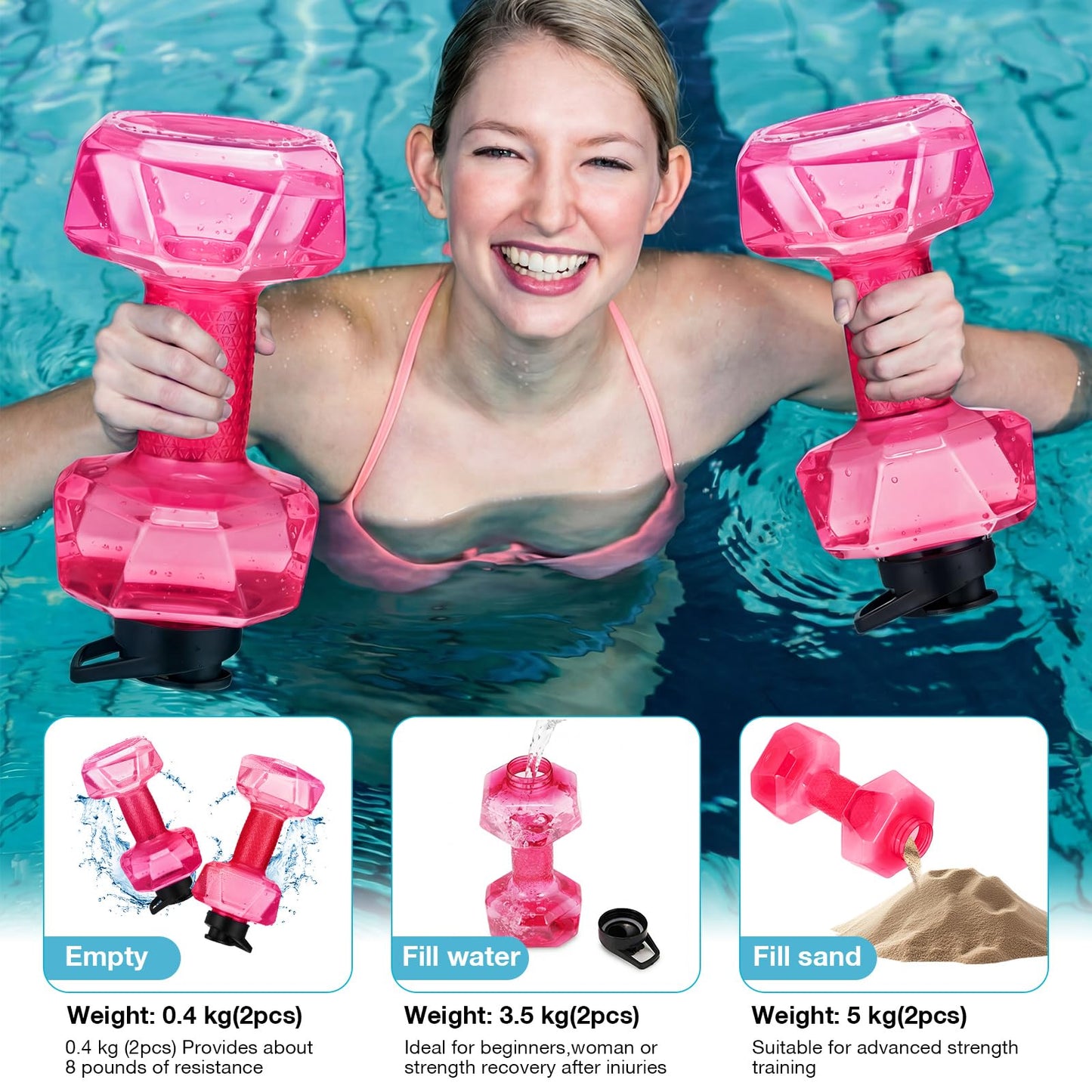 Soulchen 2 Pcs PE Water Weights for Pool Exercise, Water Filled Dumbbells with Non-Slip Handle, Adjustable Pool Dumbbell Aerobics for Aerobics Weight Loss Aqua Therapy Pools Fitness(Pink)