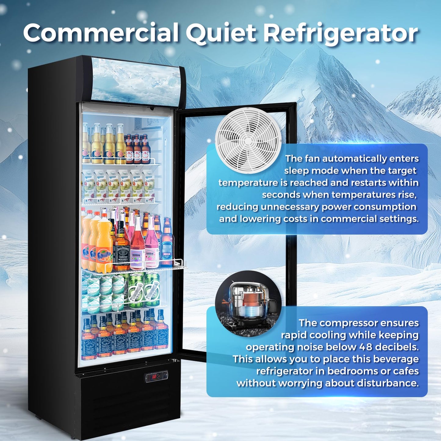 Bluelinecool 12.5 Cu Ft Commercial Beverage Refrigerator with 1 Glass Doors - Upright Drink Cooler Merchandiser with LED Light Display, 4 Adjustable Shelves, Black, ETL Approved for Business & Retail