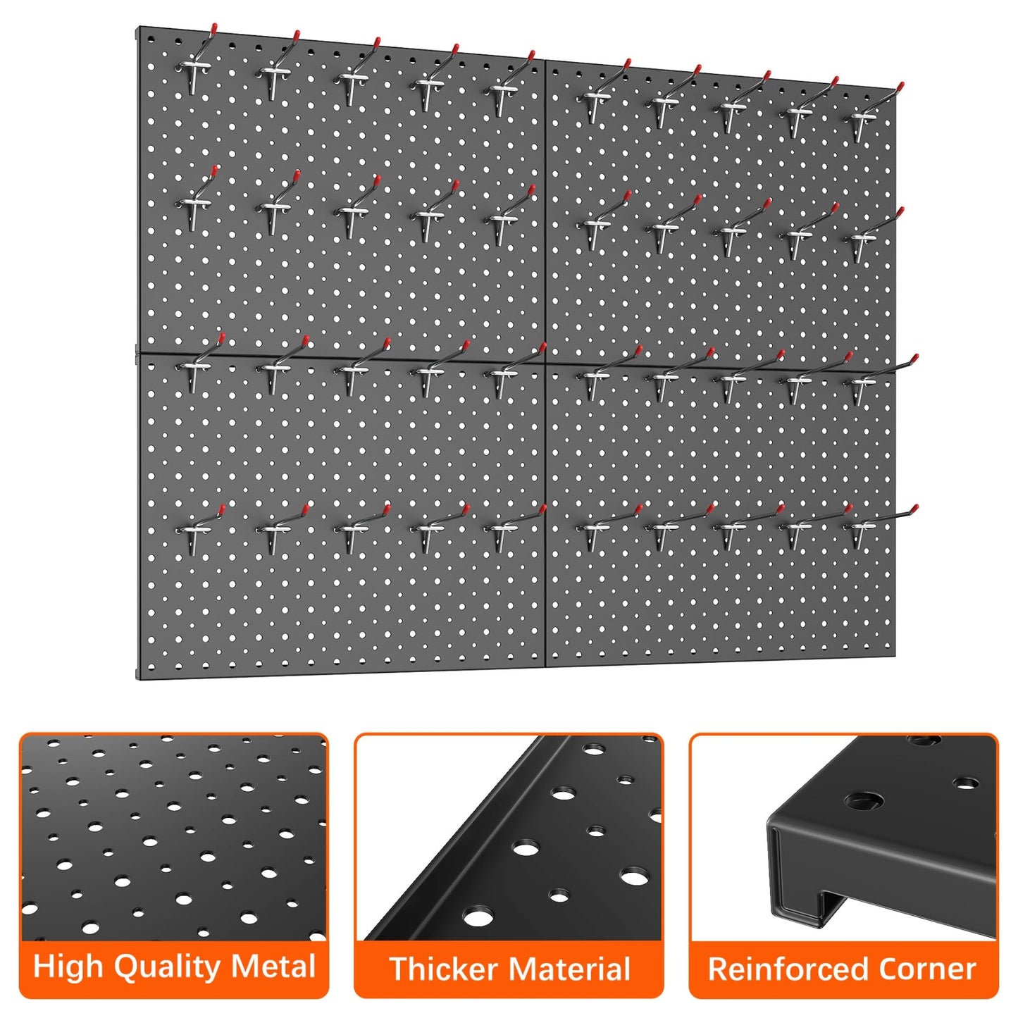 TORACK Metal Pegboard Panels and Hooks for Garage, Workbench, Shop, Shed Tool Organizer Peg Board with 1/8" & 1/4" Holes, Modular Wall-Mounted Pegboard with Pegboard Hooks(Black)