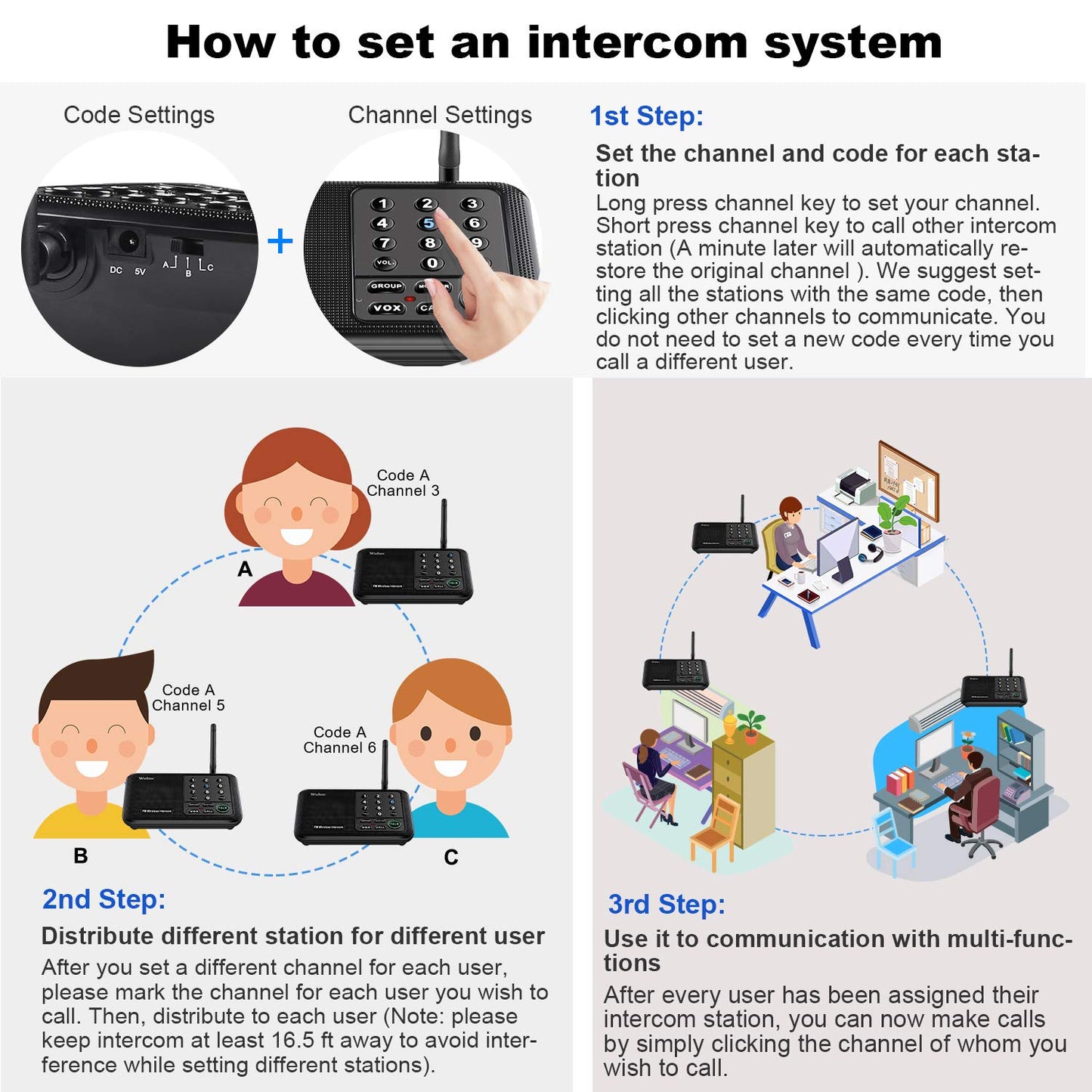Wireless Intercom System for Home 5280 Feet Range 10 Channel 3 Code, Intercoms Wireless for Home House Business Office, Home Communication System, Room to Room Intercom Wuloo WL666（4 Units Set Black