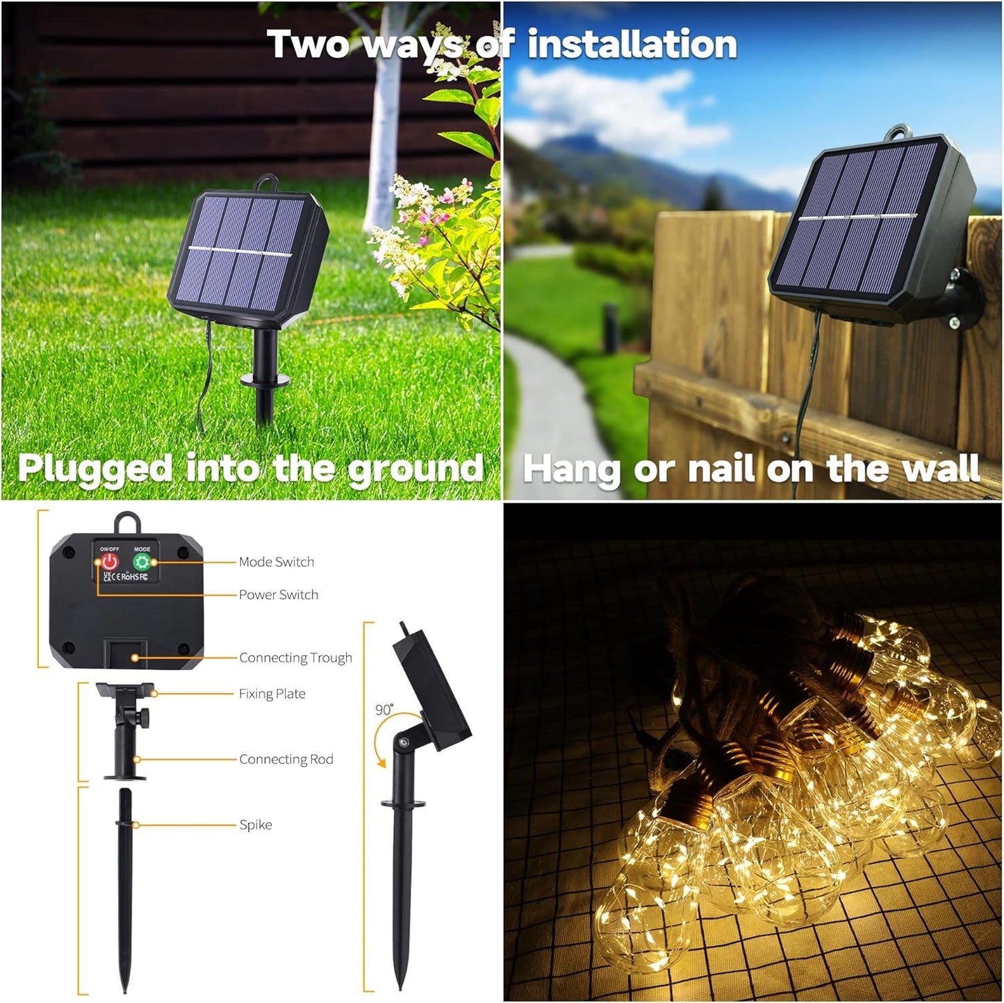Skiennix Solar Outdoor String Lights - 20Ft Vintage Rope Hemp | Waterproof Warm White with 8 Modes & 16 Shatterproof Bulbs