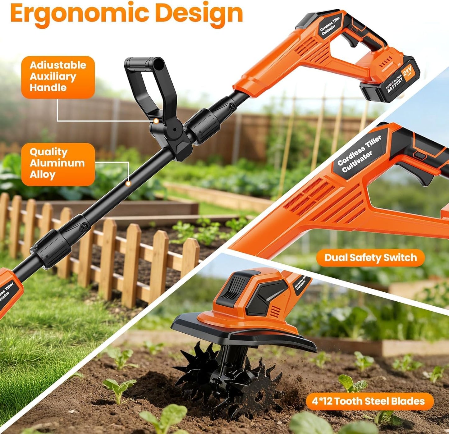 20V Cordlees Tiller Cultivator for Gardening, 400RPM Brushless Electric Garden Tiller Battery Powered((2*3.0Ah Battery&Charger), 9.5"Width 7"Depth, Garden Rototiller for Yard/Lawn/Soil Tiller (Orange)