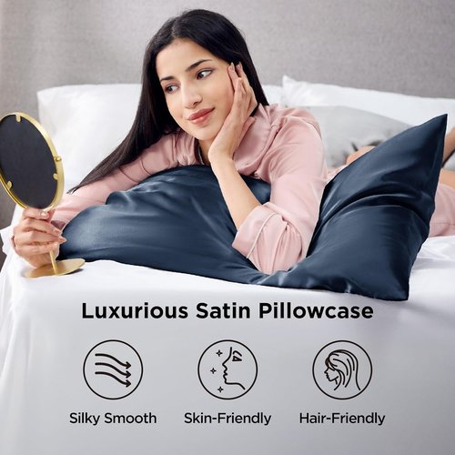 Bedsure Satin Pillowcases - Luxurious Silk-Like Queen Size Set of 2 | Envelope Closure, Blue, 20x30 Inches