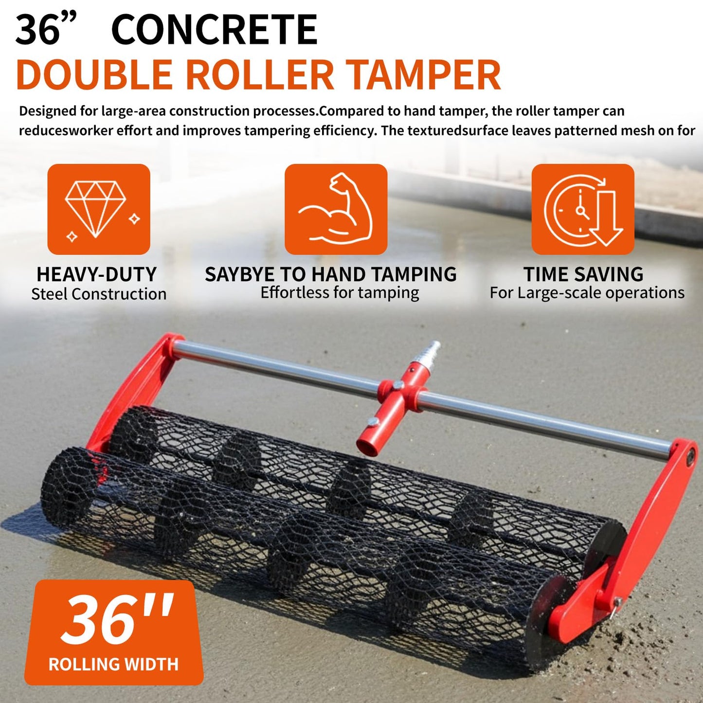 Lounsweer 36 Inch Concrete Roller Tamper Comes with Dual Adapter Concrete Double Roller Tamper without Handle for Smoothing Leveling and Compacting Fresh Surface
