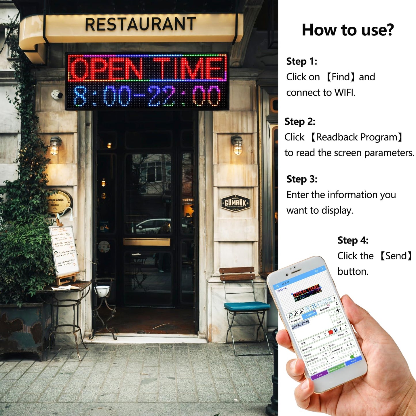 P10 Outdoor/Indoor Programmable LED Sign, 4000CD/㎡ High Brightness Scrolling Display, WiFi Control, Customizable Message Board for Business Advertising, Restaurants, Stores, Bars 40"x14"